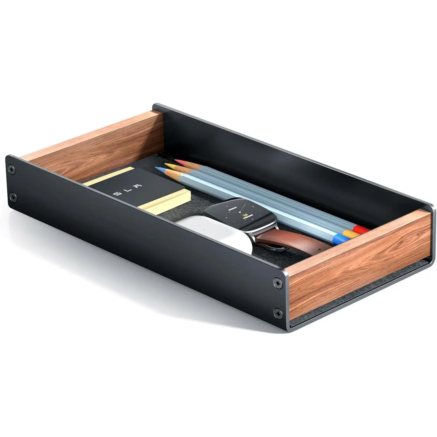 Modern Walnut Desk Drawer Organizer - Open Top Tray for Male Use, Men's EDC Valet Catchall, Soft Felt Lining, Holds Multiple Items Including Watch, Pens, Sticky Notes for Nightstand