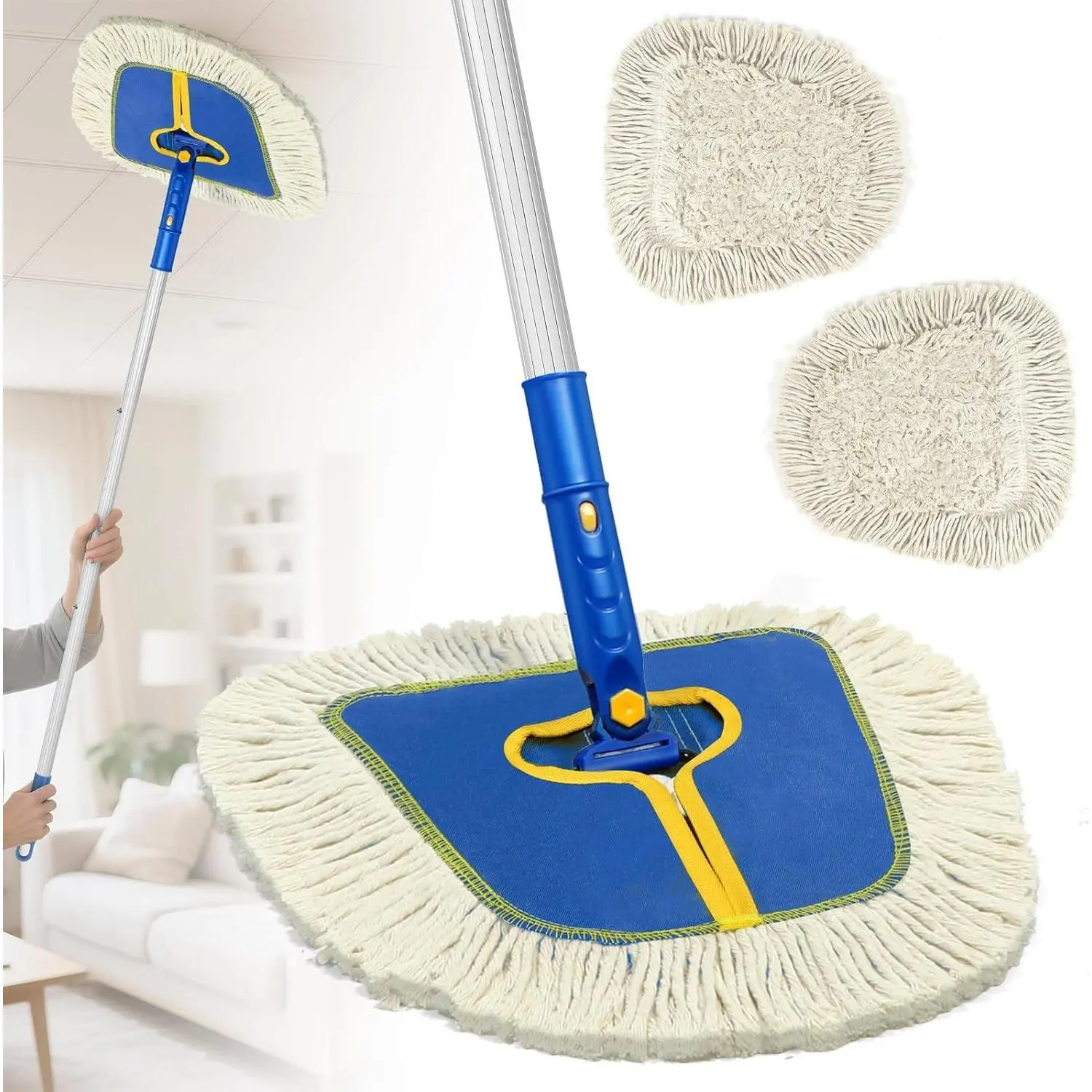 Commercial Dust Mop for Hardwood Floors Cleaning, Heavy Duty Industrial Dry Mop with 2 Wedge Cotton Mop Pads for Walls Cleaner,Tile,Vinyl,Laminate, Floor Duster Broom for Home and Business Use,Blue