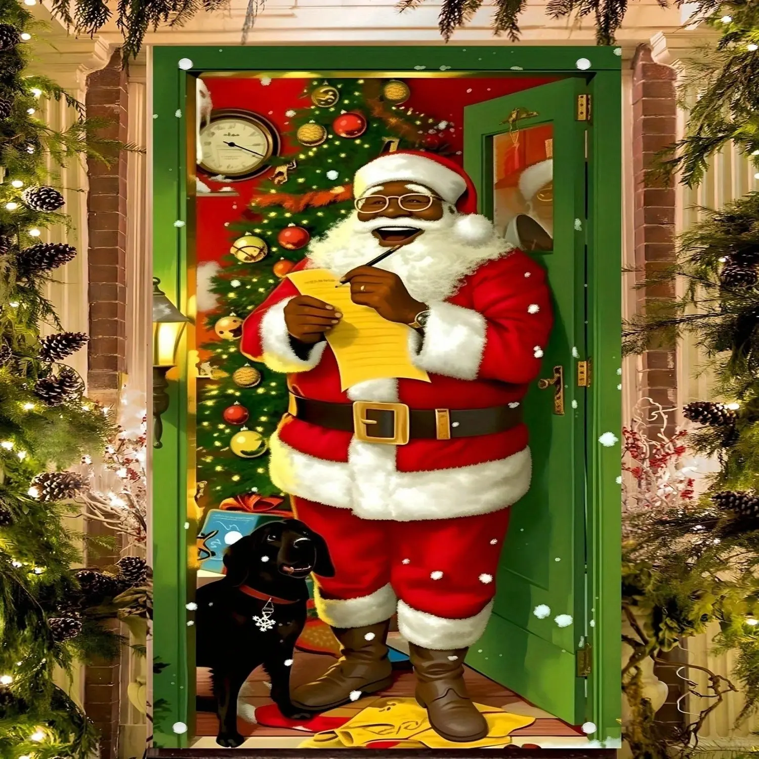 Christmas Theme Door Flag, Santa Claus in Suit, Festive Scene with Christmas Tree and Clock, Perfect for Holiday Decorations