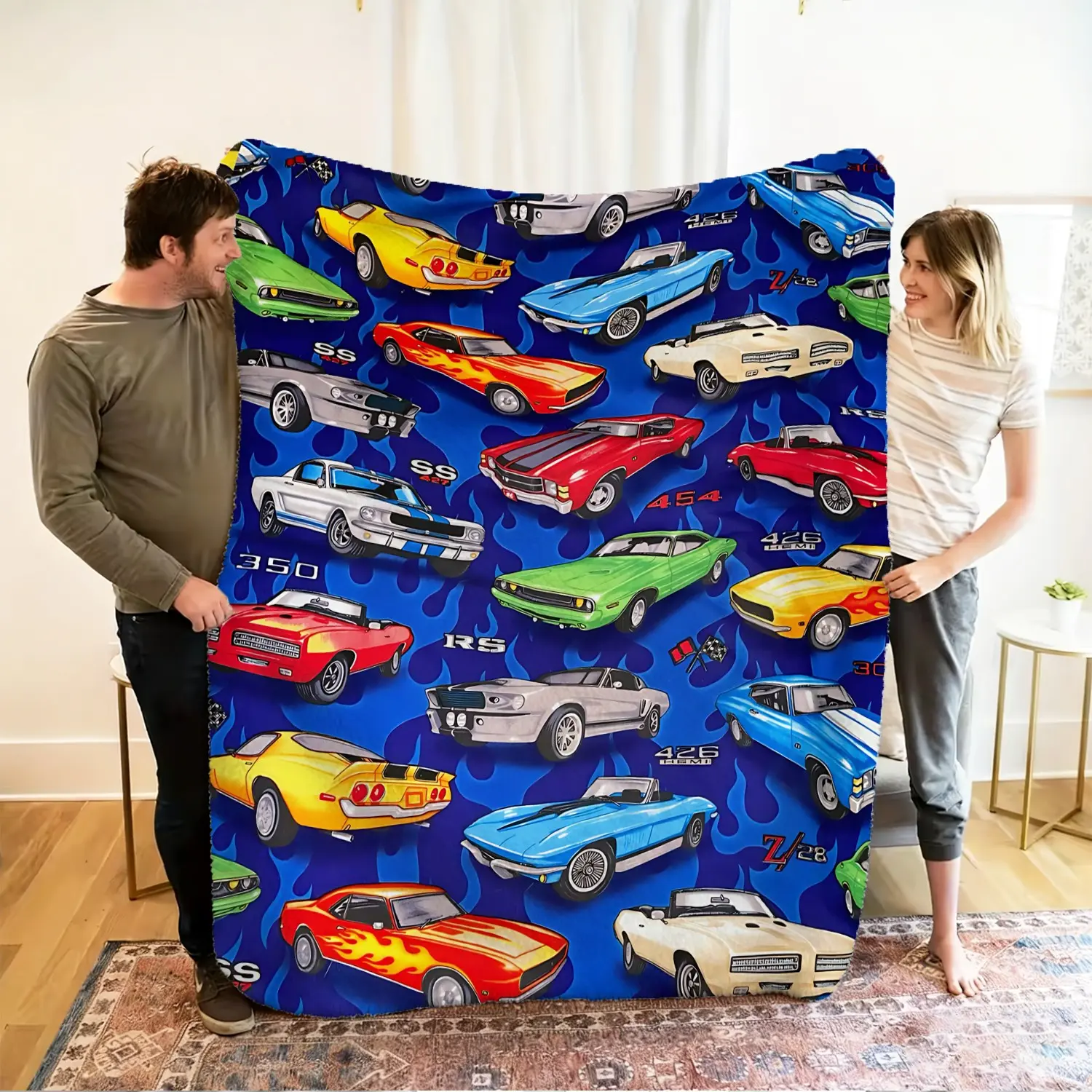 Vintage Car Throw Blanket – Blue Flame Hot Rod Pattern Flannel Blanket, Warm Cozy for Car Show Parties Movie Nights Road Trips, Gift for Classic Car Collectors Dad