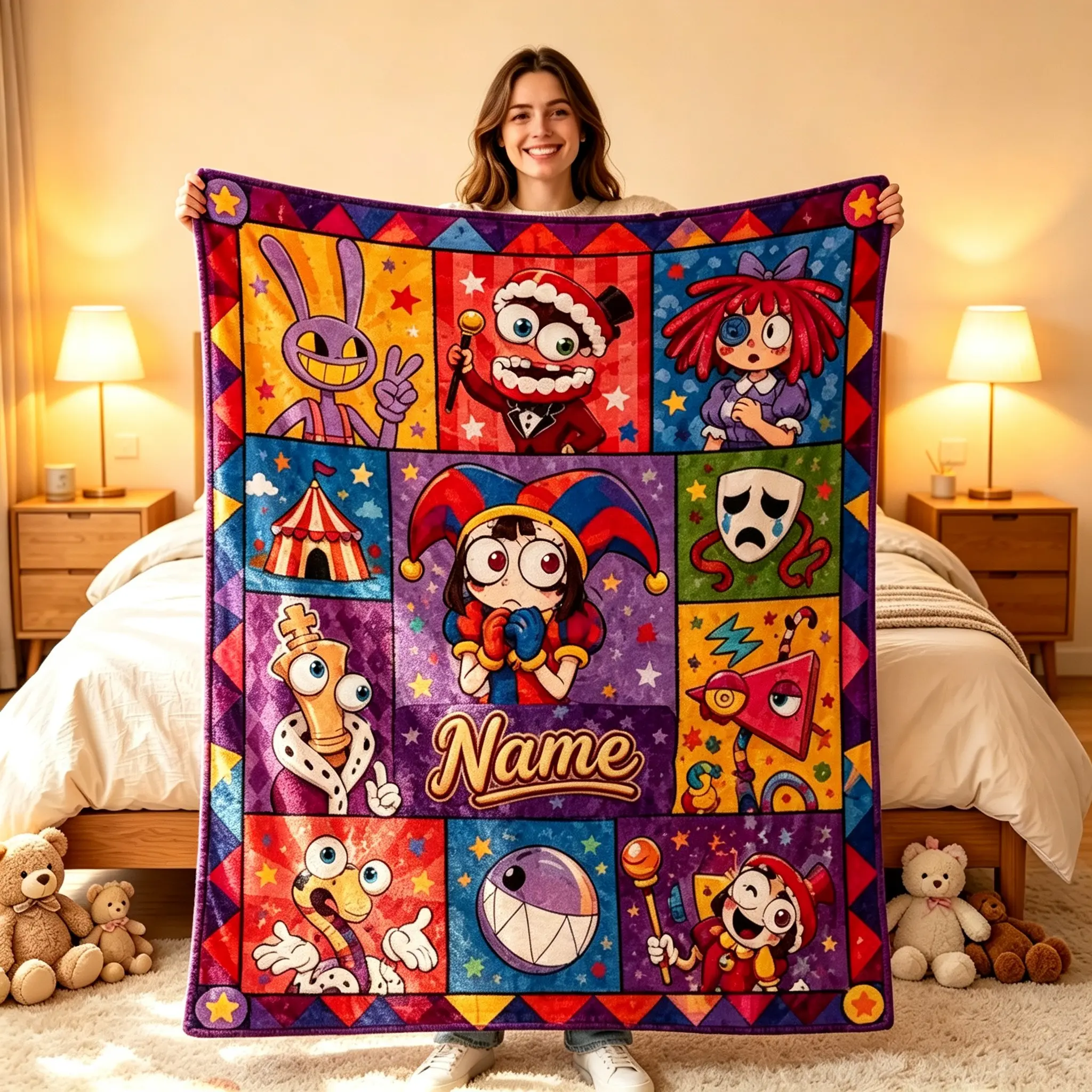 Custom Amazing Digital Circus Blanket, Viral Cartoon Character Throw Blanket, Colorful Graphic Flannel Blanket for Kids Room Decor, Soft Cozy Blanket for Bed Sofa Home Decor, Aesthetic Cartoon Gift for Fans, Birthday Christmas Holiday Gift Idea