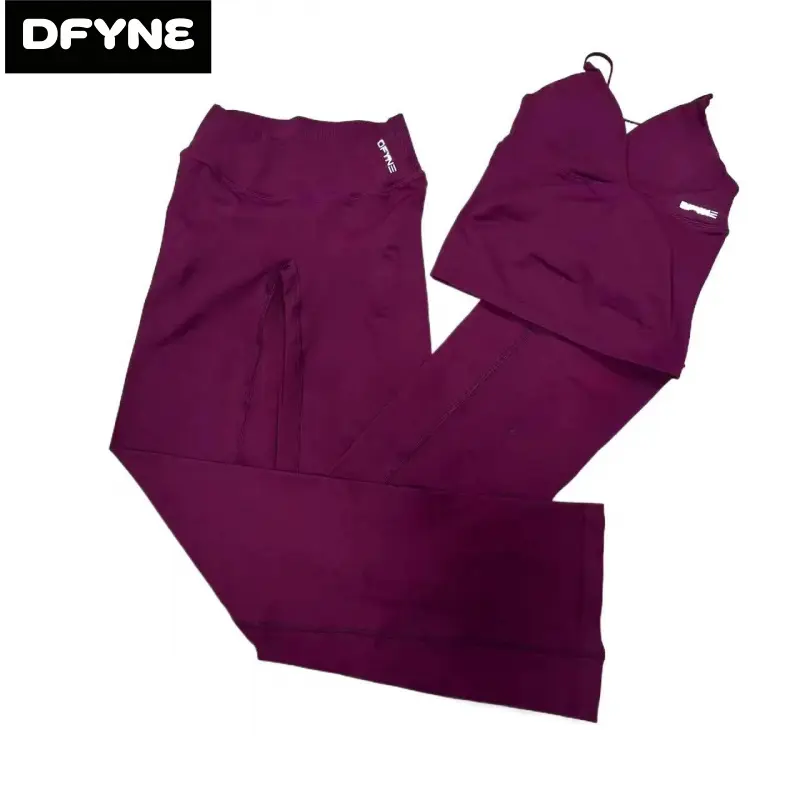 DFYNE Seamless Workout Outfit - Strappy V Neck Crop Tank Top & High Waisted Crossover Flare Yoga Pants 2 Piece Set
