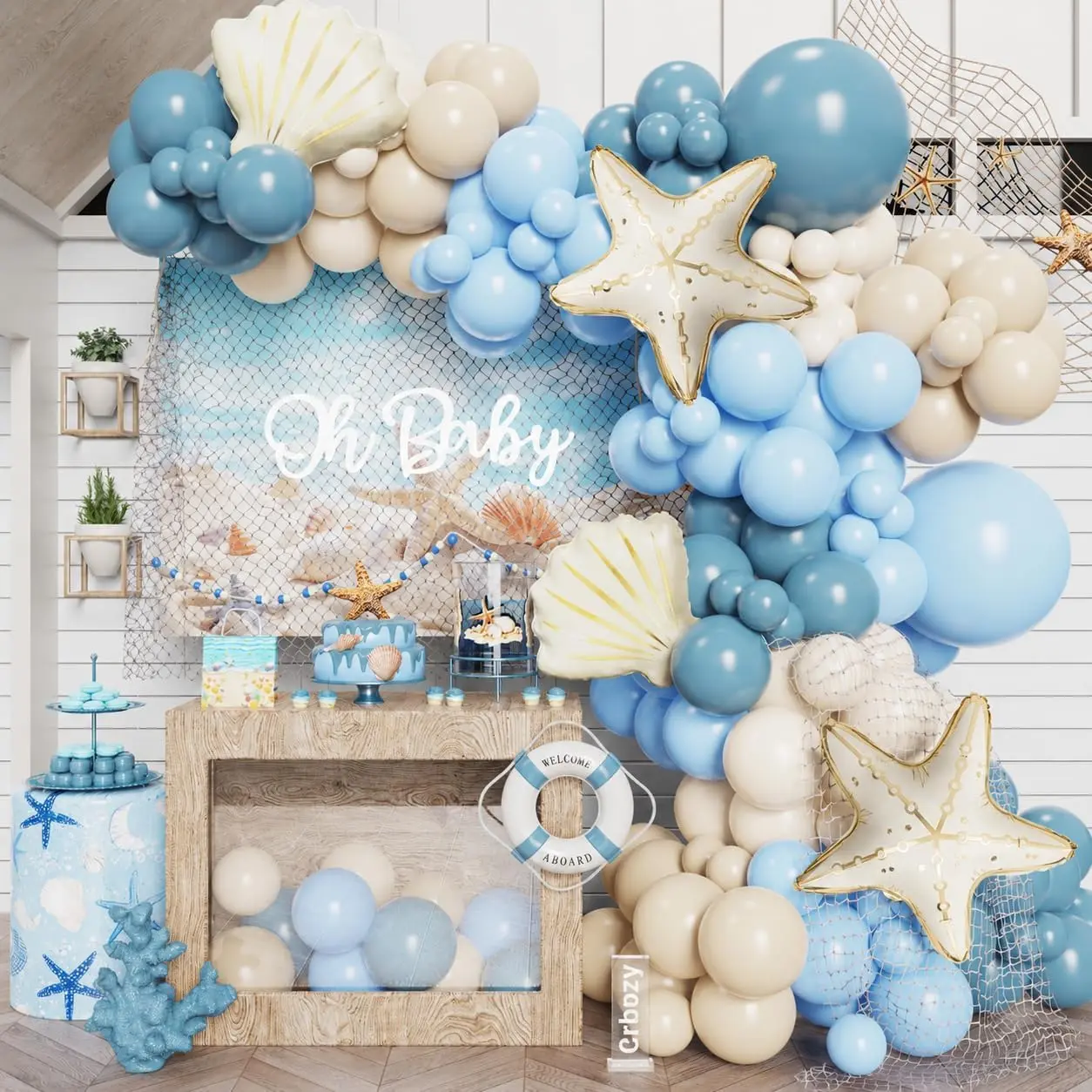140Pcs Under The Sea Balloon Arch Kit, Blue White Starfish Shell Balloons| Blue Beige White Balloons with Starfish Shell Foil Balloons for Ocean Theme Birthday Baby Shower Sea Beach Party Decorations