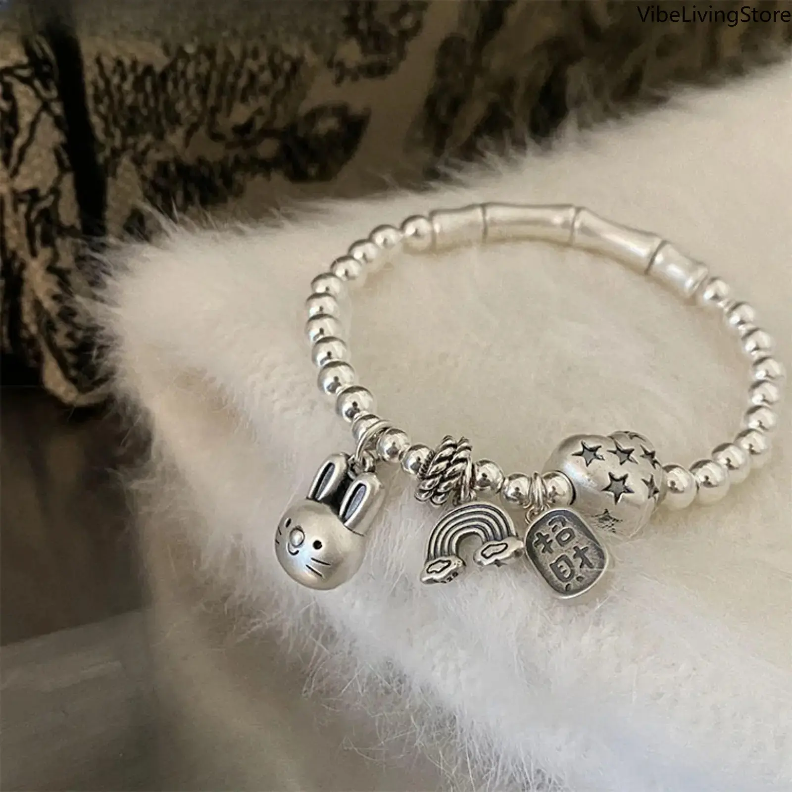 Women's 925 Sterling Silver Adjustable Charm Bracelet - Romantic Heart, Cute Rabbit Charms, Dainty Wristband Bag Accessory for Birthday, Valentine's Day Gift, Charm Bracelets