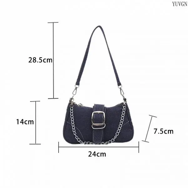Fashionable Hobo Bag - Casual Denim Shoulder Accessory with Contrast Stitch Chain Decor, Adjustable Wide Dual-Strap, Underarm Everyday Bag for Sports Gym, Back to School, Dark Blue