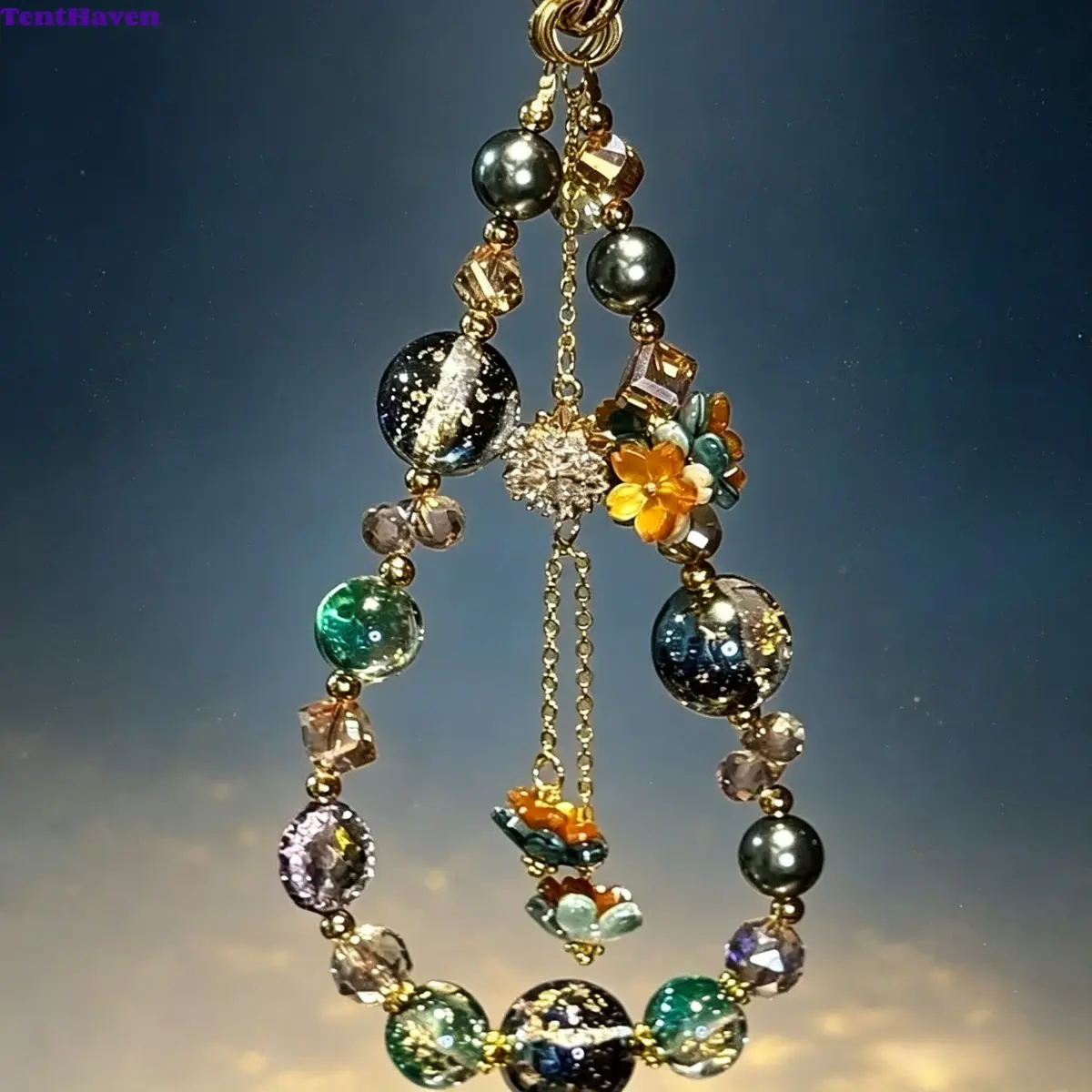 Phone Charms – Beaded Wrist Straps, Dark Academia Aesthetic Tech Accessories, Vintage Galaxy Foil Glass Bead Floral Mobile Chain, Handmade Layered Tassel Hanging Ornament for Electronic Devices, Gold Metal Hardware Lightweight Handcrafted Beads, Daily Car
