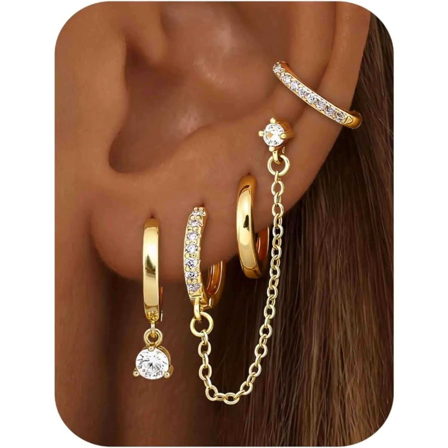 Trendy 14K Gold Plated Chain Drop Earrings Set Trendy 4 Pairs Small Hoop Earrings for Women  Hypoallergenic CZ Huggie Hoops Lightweight Cartilage Earring Stacks for Multiple Piercing