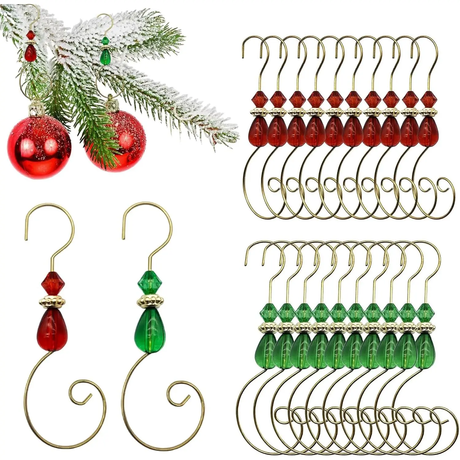 20 count Christmas Ornament Hooks, Clear  Bead Decorative S-Hooks,  Wire Hangers for Christmas Tree Decorations 3 Inches Long (Red and Green)