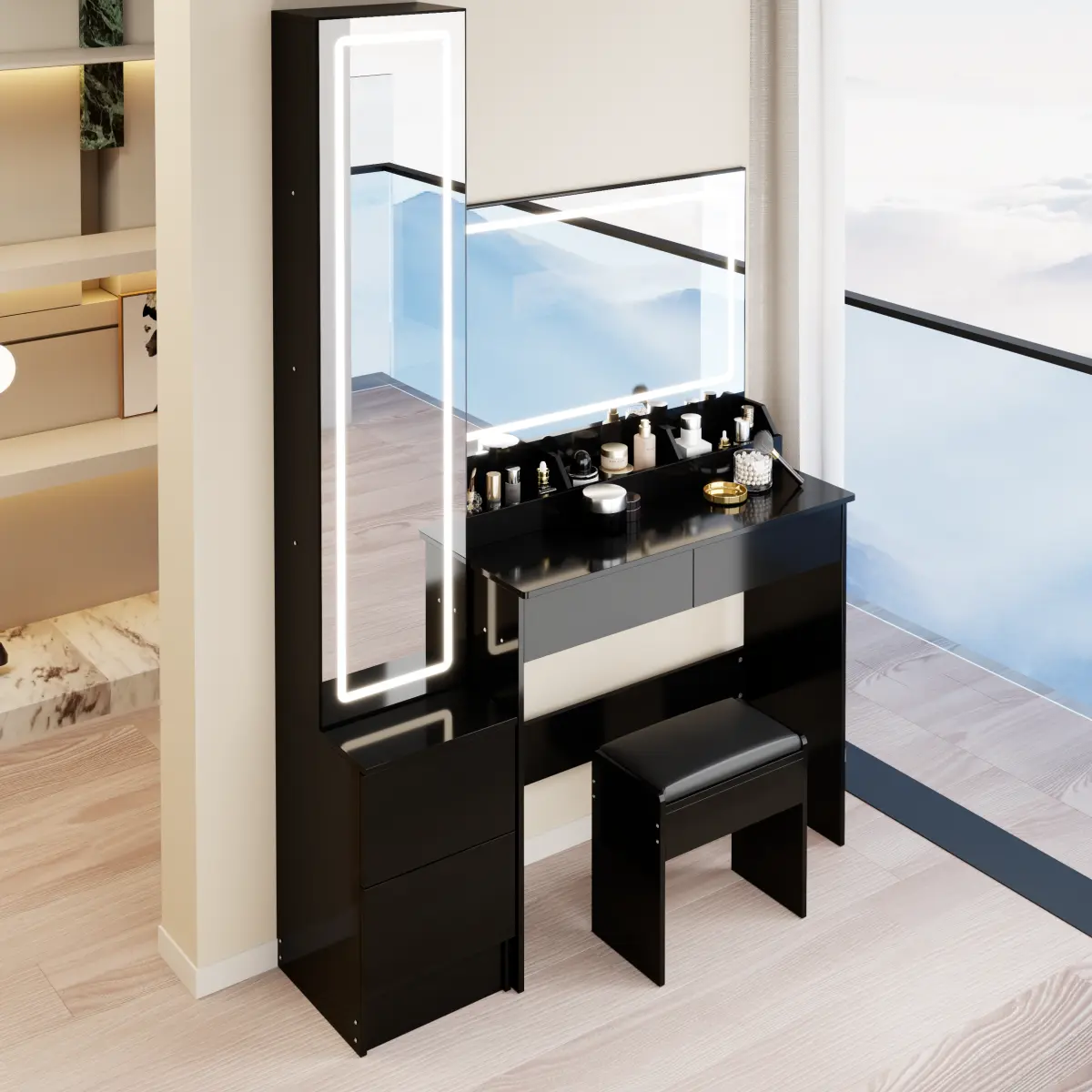 Extra Large Modern Rectangular LED Mirror Vanity Table Set with LED Lights Dressing Mirror Cabinet, Cushioned Stool, Touch Control, 3-Color Switch, Adjustable Brightness, Multi-Layer High-Capacity Storage