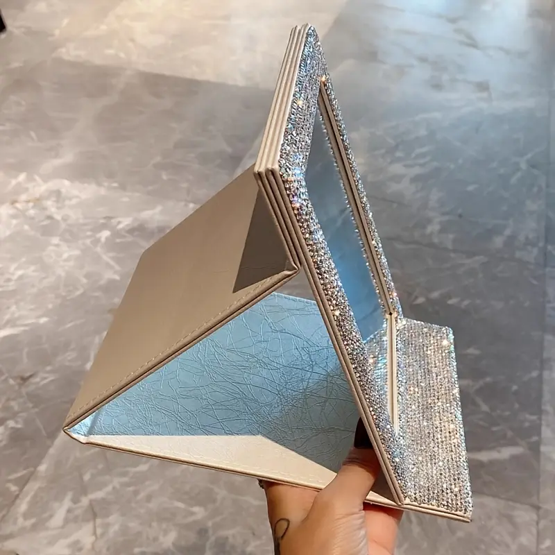 [Luxury Folding Mirror] 1pc Luxury Folding Mirror with Sparkling-Like Rhinestone Frame - Large Oval Table Mirror for, Portable Desktop Vanity Mirror with Sturdy Foldable Stand, Elegant Dresser & (No Assembly Required)