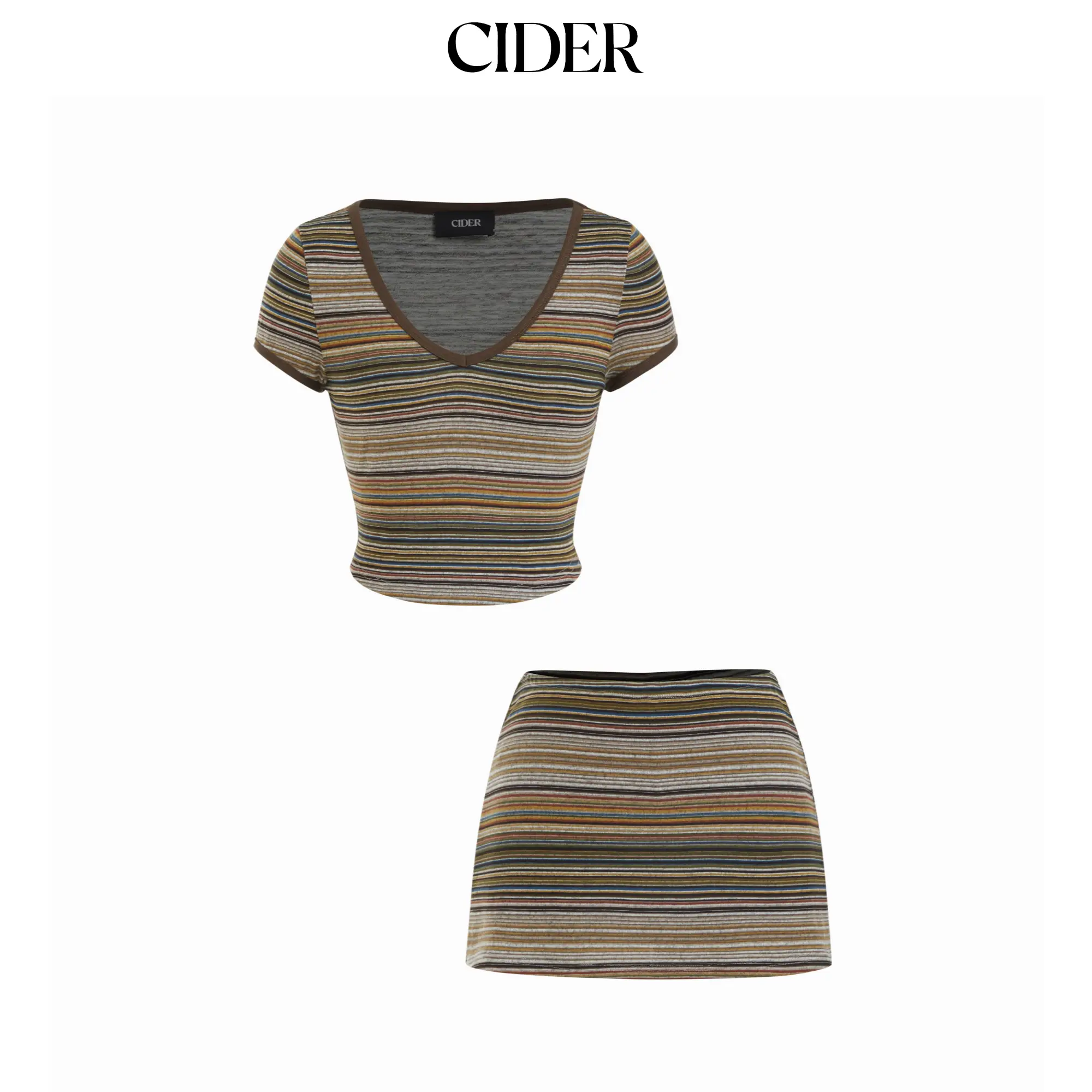 Cider High Stretch Striped V-Neck Crop Top & Low Rise Mini Pencil Skirt Set SohoChic