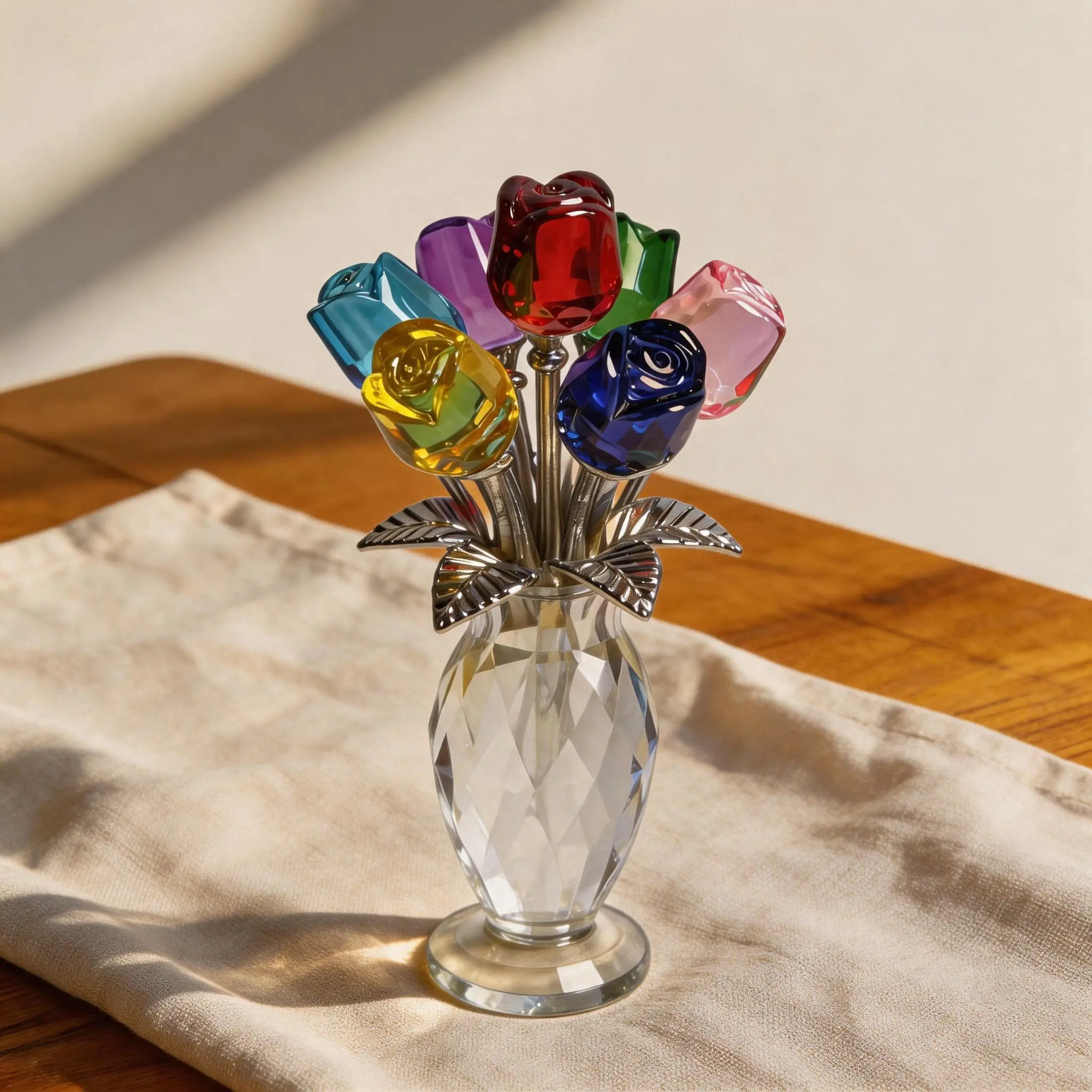 Summerwins 5.7" Artificial Crystal Rose Bouquet with Light, Faux Floral Plant Decor Ornaments, Graduation Gift for Her, Desk Decor for Nature Lovers Flower Design whimsical room decor