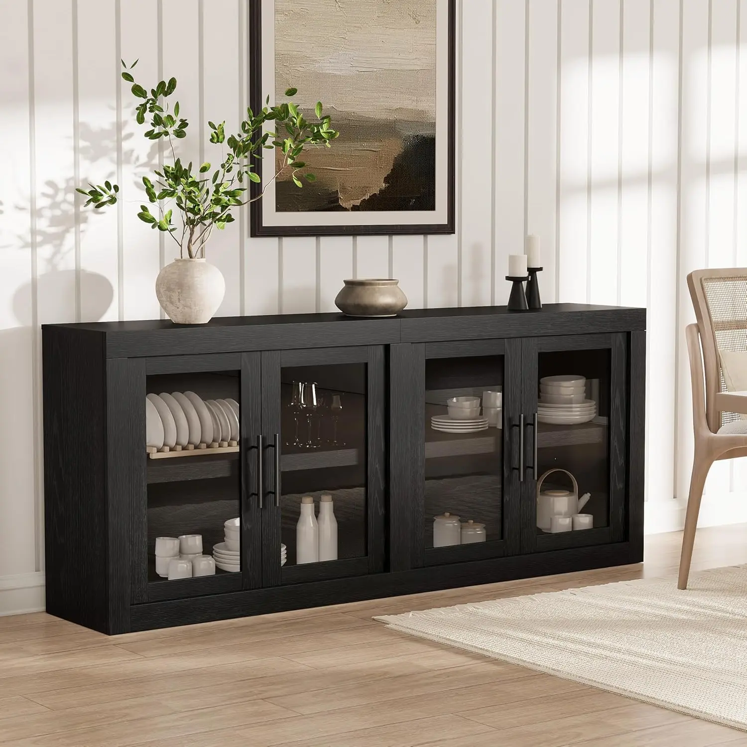 70.8 in Sideboard Buffet Cabinet with Storage, Mid Century Modern Accent Cabinet with 4 Glass Doors, Coffee Bar Credenza for Living Room, Dining Room, Hallway, Black | Tempered Glass Display Doors