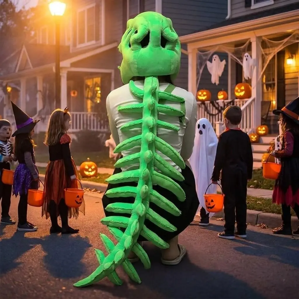 Funny Dinosaur Skeleton Onesie Costume, Plush 3D Bone Full-Body Dino Suit, Adult Halloween Party & Cosplay, Includes Headband