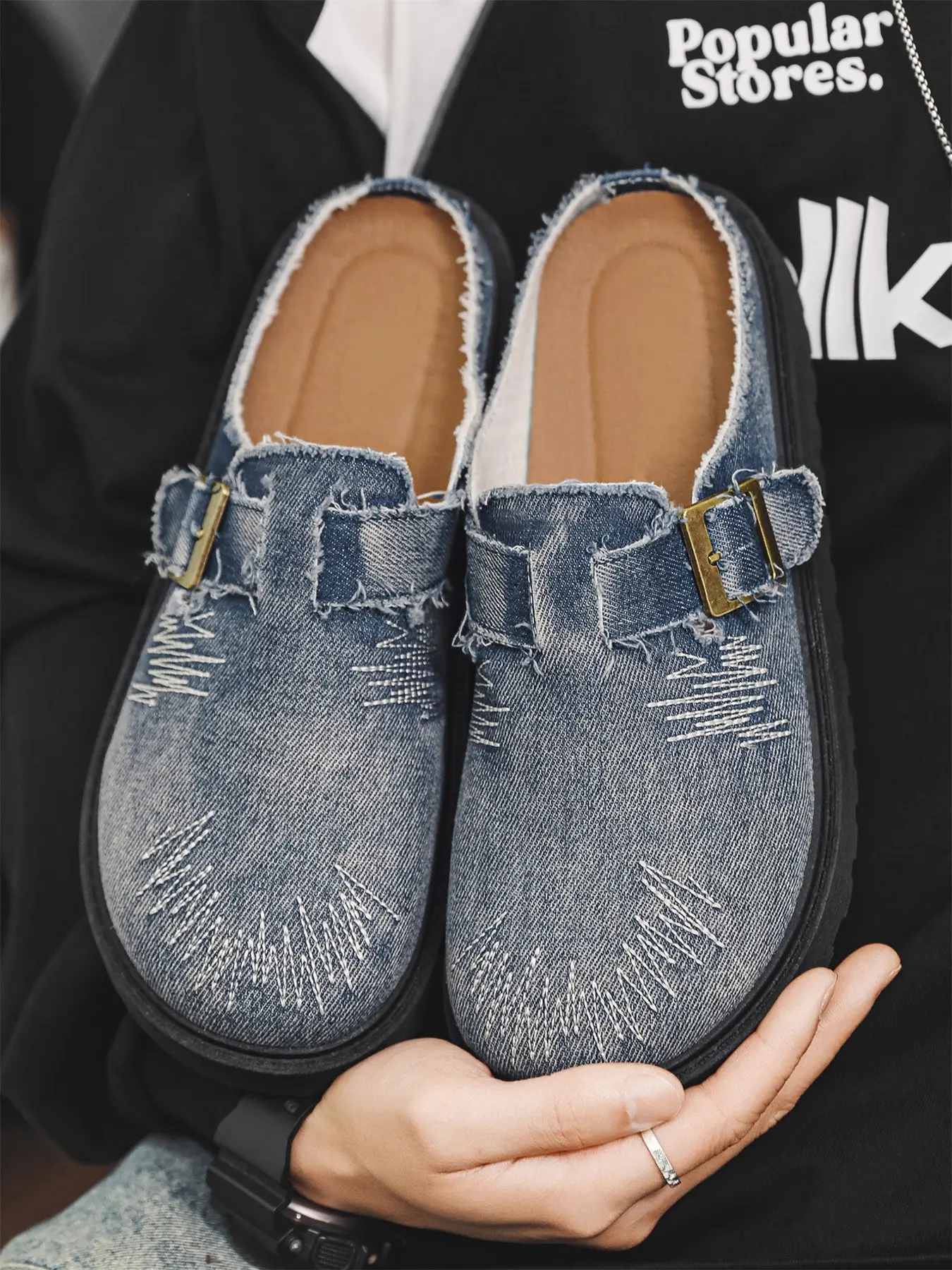 Men's Vintage Denim Half Slippers Slip On Mules Mule Shoes No Back Design Thick Sole Height Increase Casual Commuter Half Slippers Footwear
