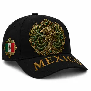 Aztec Eagle & Serpent Baseball Cap with Gold Embroidery, Black Dad Hat for Men & Women with Mexican Flag Patch, Adjustable Curved Brim for Fiestas & Sports