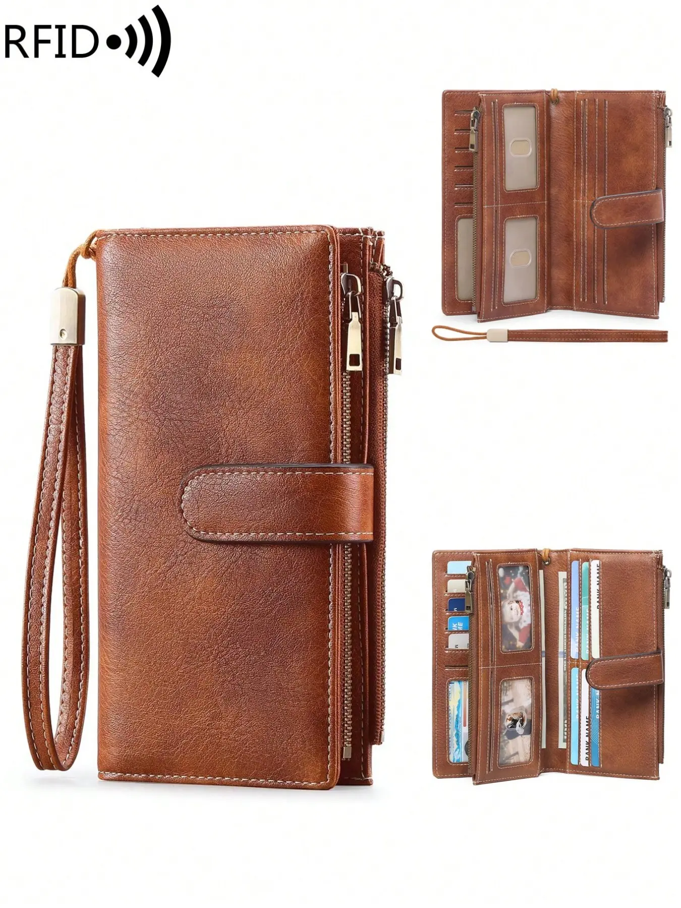 Ladies' Double Fold Long Wallet, Rfid Wallets, RFID Anti-Theft Brush, Dual Zipper Compartment Design, Multiple Card And Coin Slots, Large Storage Capacity, With Detachable Wrist Strap, Fashionable And Practical, Credit Card Wallet, Daily Essential