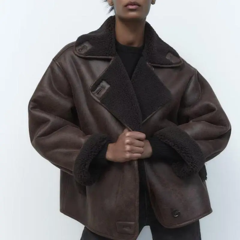 Fur and leather winter street style women's loose double-sided jacket suede thickened coat