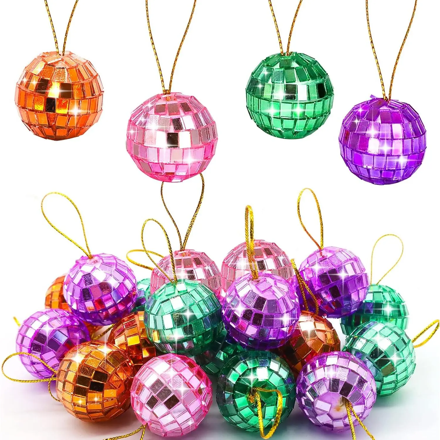Colorful Disco Balls Ornaments 28 count Mirror Disco Ball Mini Christmas Disco Balls with Rope  Reflective Mirror Disco Ball Cake Topper for Xmas Tree Decoration Birthday Wedding