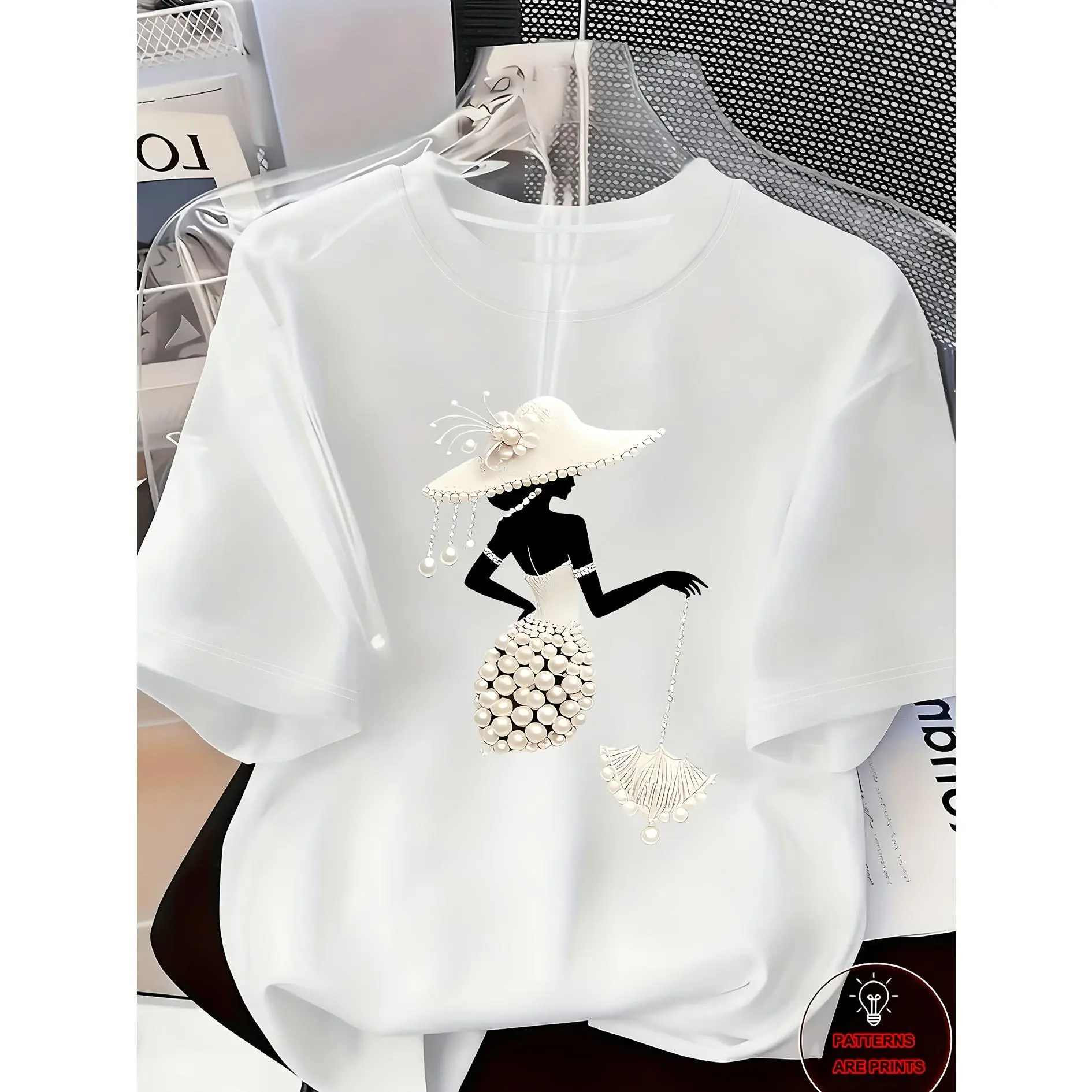Women's Elegant Graphic Print Short-Sleeve Round Neck Top with Pearl Accents & Crystal Details, Light Soft Breathable Casual Basics for Spring Summer Daily Wear