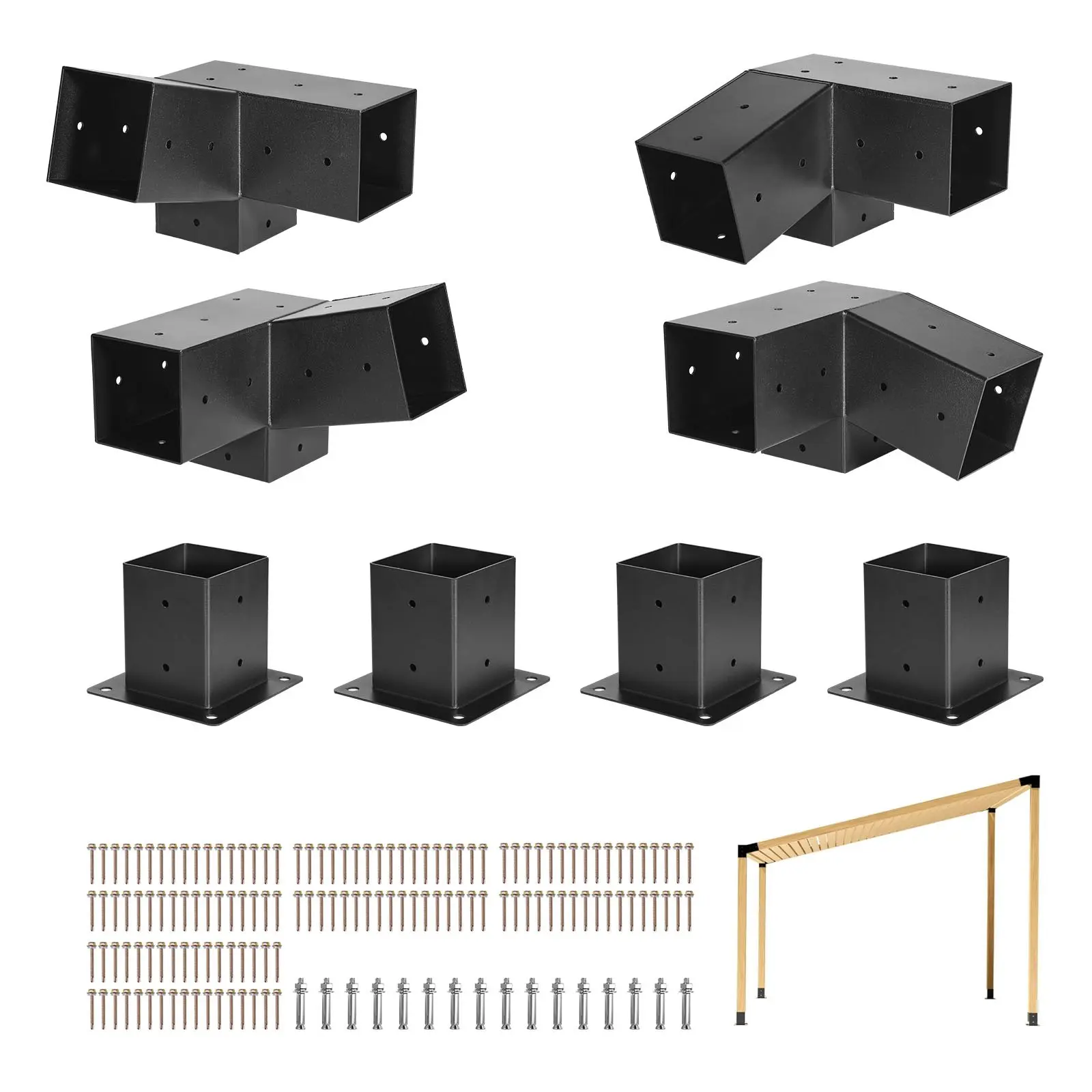 VEVOR Heavy Duty 2 mm Thick Carbon Steel Pergola Mounting Brackets, 8 Pcs Sturdy T-Connector Metal Brackets (4x4 in 3-Way Slanted Roof) for 3.5x3.5 Inch Actual Sizes Wood Beams, W/ Screws & Post Bases for Outdoor Pergolas
