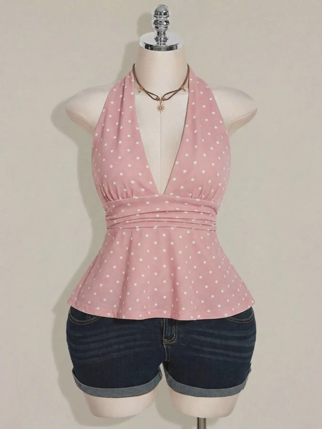 Women's Y2K Polka Dot Halter Top, Deep V-Neck Ruched Waist Backless Babydoll Camisole, Vintage Summer Going Out Top for Vacation & Date Night