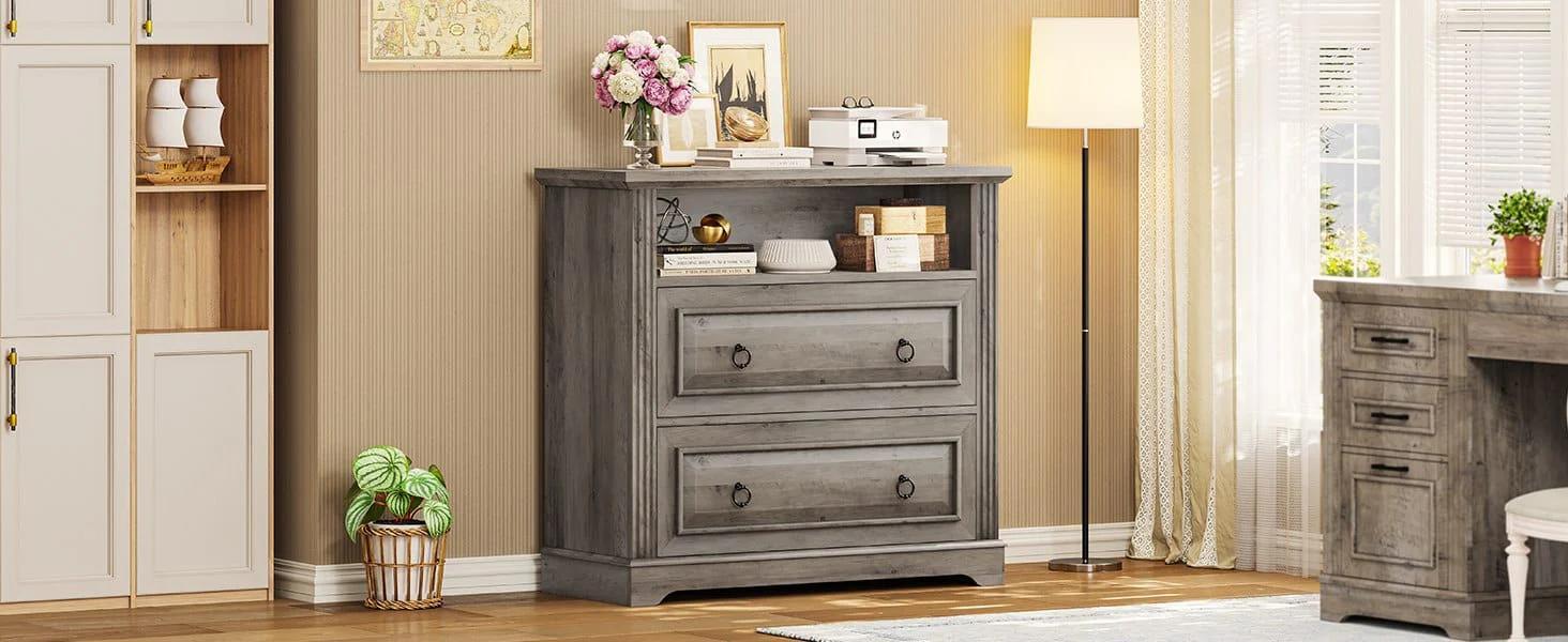 File Cabinet with Printer Stand and 2 Drawers Grey
