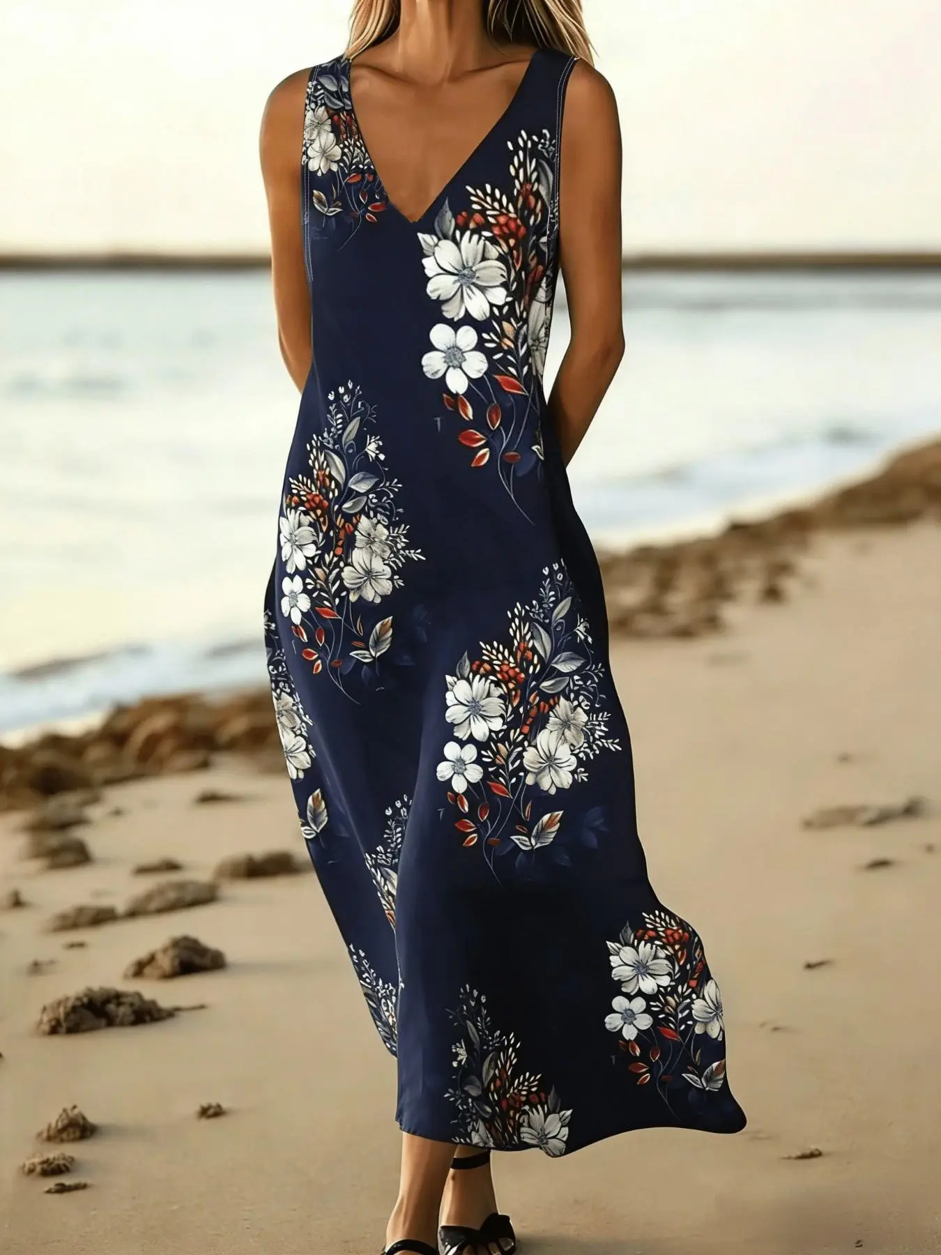 Holiday casual sleeveless V-neck long Boho Floral Printed boho lounge dress with fresh floral prints, loose fit suitable for beach travel Boho Summer Dresses