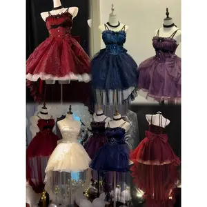 Gothic Y2k Sling Dress Women Harajuku Retro Tulle Ruffles Trim Christmas Party Outfit Grunge Aesthetic Sleeveless Elegant Wear