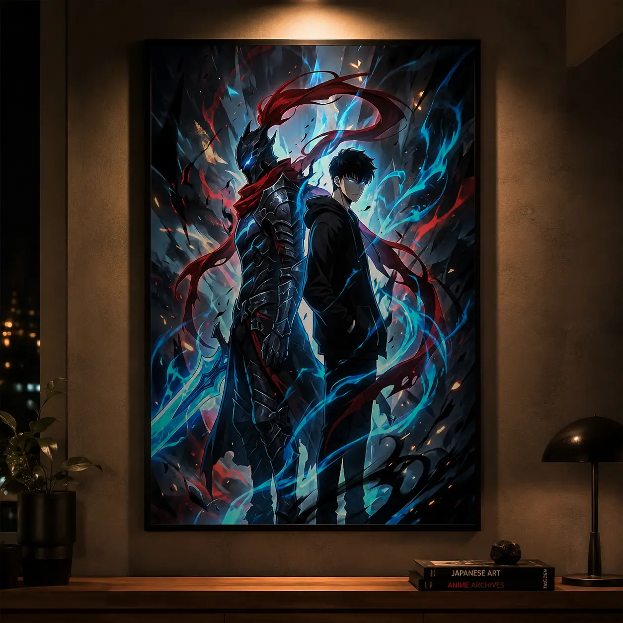Solo Leveling Sung Jinwoo and Igris Anime Canvas Print Poster, Dark Knight Manhwa Style Wall Art, Aesthetic Graphic Artwork for Bedroom Gaming Room Home Office Apartment, Modern Room Decor and Wall Display