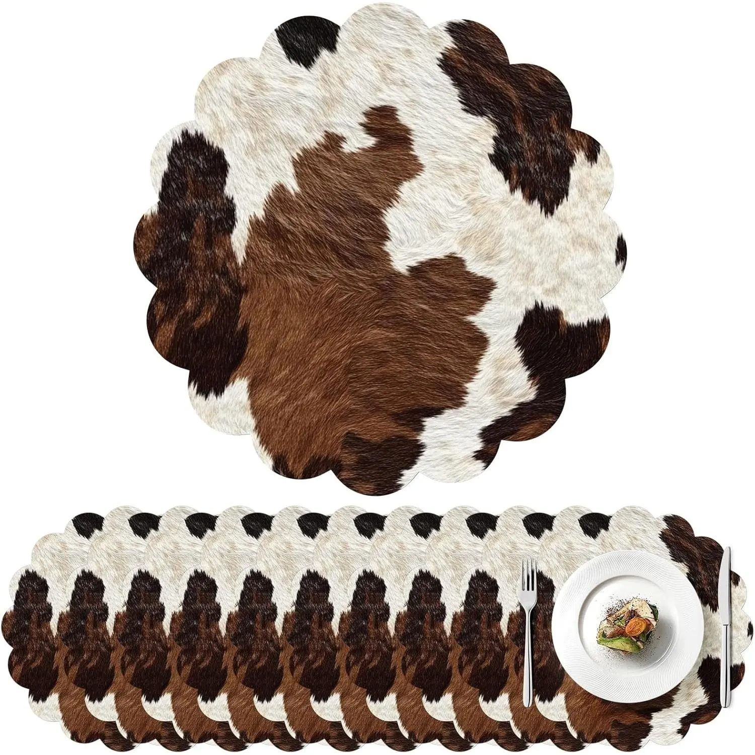 100 Pcs Cow Paper Placemats, 13.5 In Scalloped Disposable Brown & White Cowhide Tableware for Western Cowboy Party, Rustic Event Table Decor