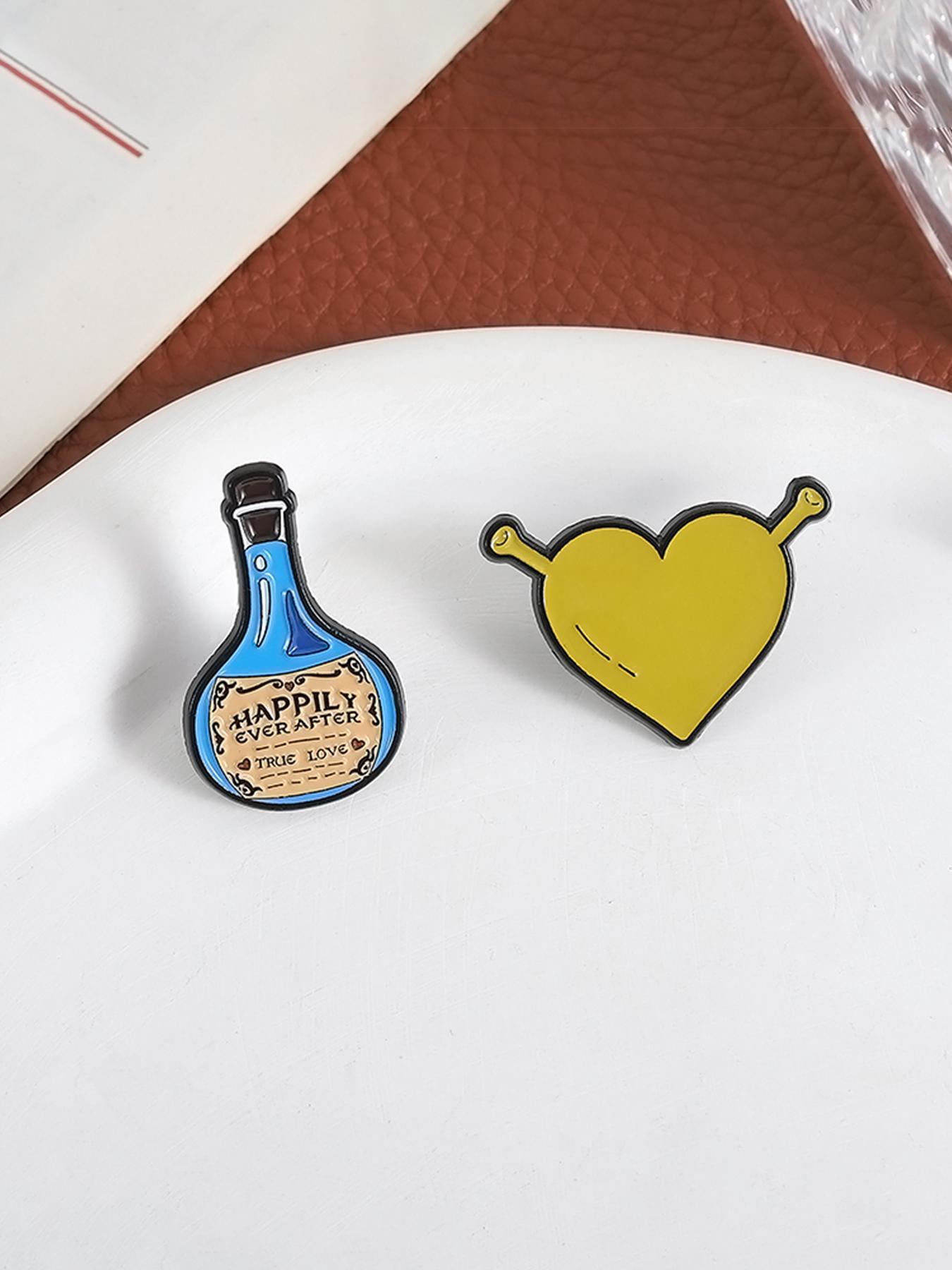 2pcs/set Shrek Enamel Pins Cartoon Green Monster Animation Perimeter Happiness Potion Green Heart Metal Brooches Lapel Backpack Badge Fashion Jewelry Accessories Gifts for Kids Friends