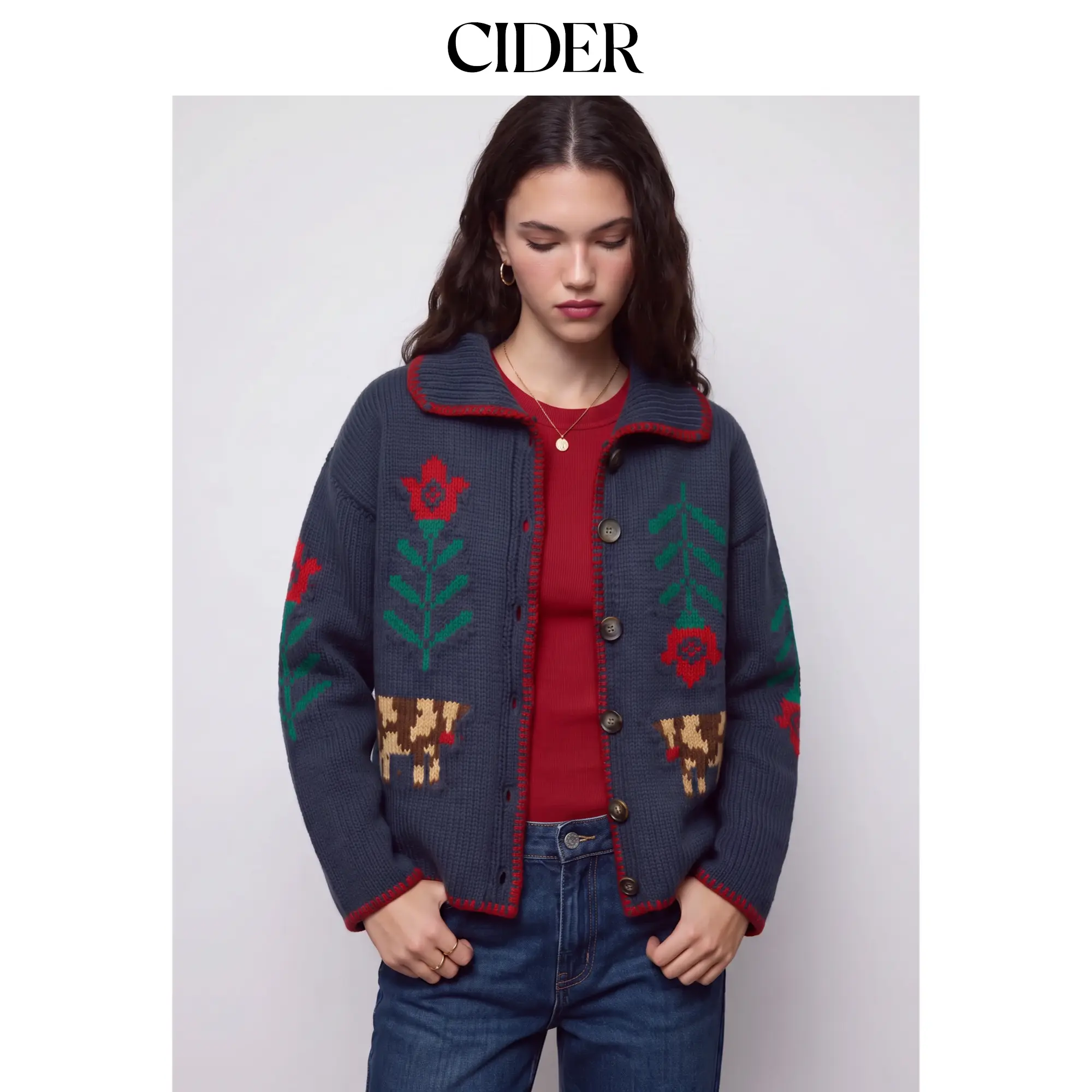Cider Knit Crochet Cow & Floral Graphic Contrast Trim Oversized Cardigan