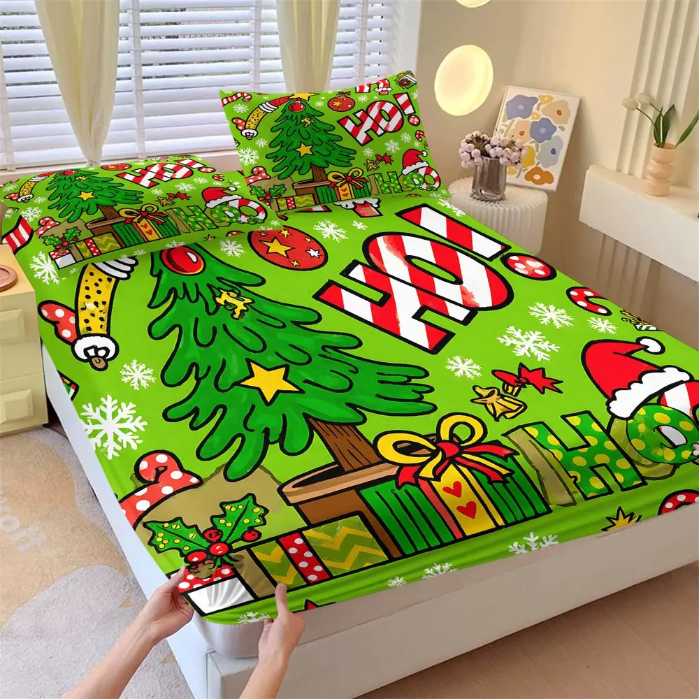3Pcs Christmas Bedding Set Festive Ho-Ho-Ho Print Fitted Sheet Set Soft Microfiber Bed Sheets Set for Holiday Home Bedroom Decor Kids & Family Christmas Gift No Fillers
