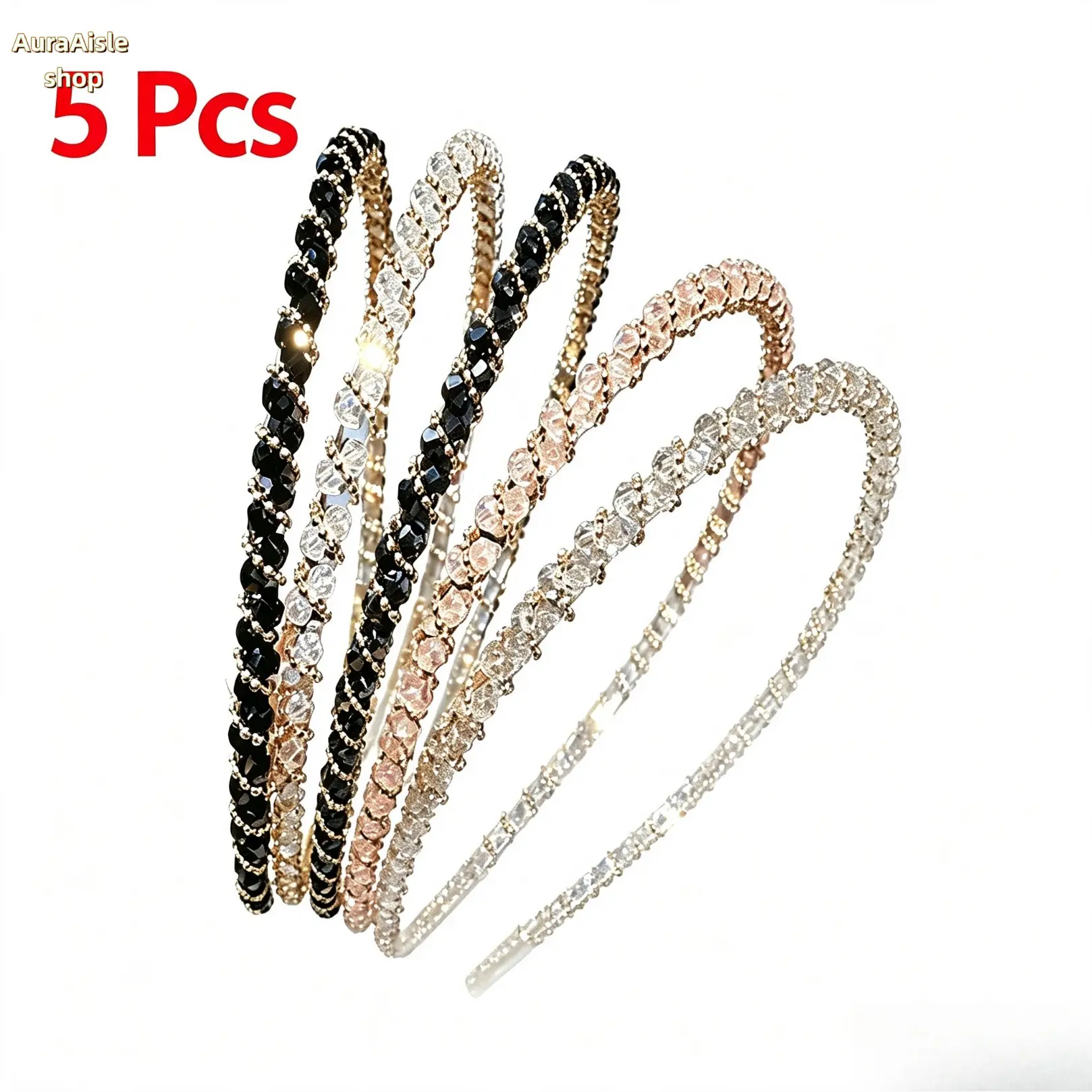 Women's 5-Pcs Rhinestone Beaded Headband Set - Slim Metal Frame Hoop Hair Accessories, Sparkling Crystal Hairbands for Women, Lightweight All-Match, Ideal for Daily Outings, Wedding Party, Headbands For Women