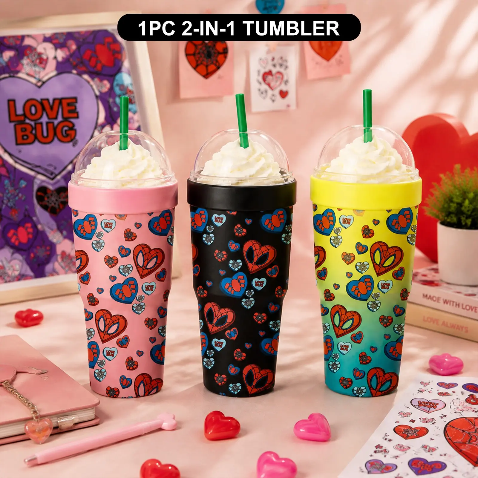1PC 32oz Superhero Heart Print 2-in-1 Insulated Tumbler & Iced Coffee Cup Sleeve, Leak-Proof Double Wall Vacuum Stainless Steel Travel Mug, Cold 12+H & Hot 6+H, Fits 16–24oz To-Go Cups, Birthday & Valentine’s Gift