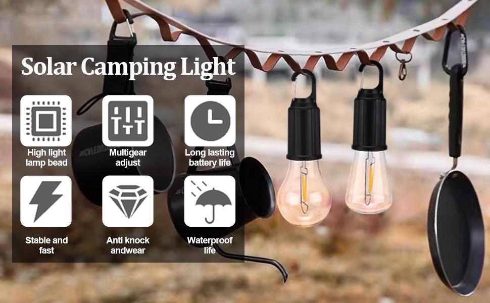 Solar Tent Lights USB Rechargeable Led Camping Lantern ,Outdoor Hanging Light Bulbs with Clip Hook for Camping,Decorations, Emergency,Flashlight
