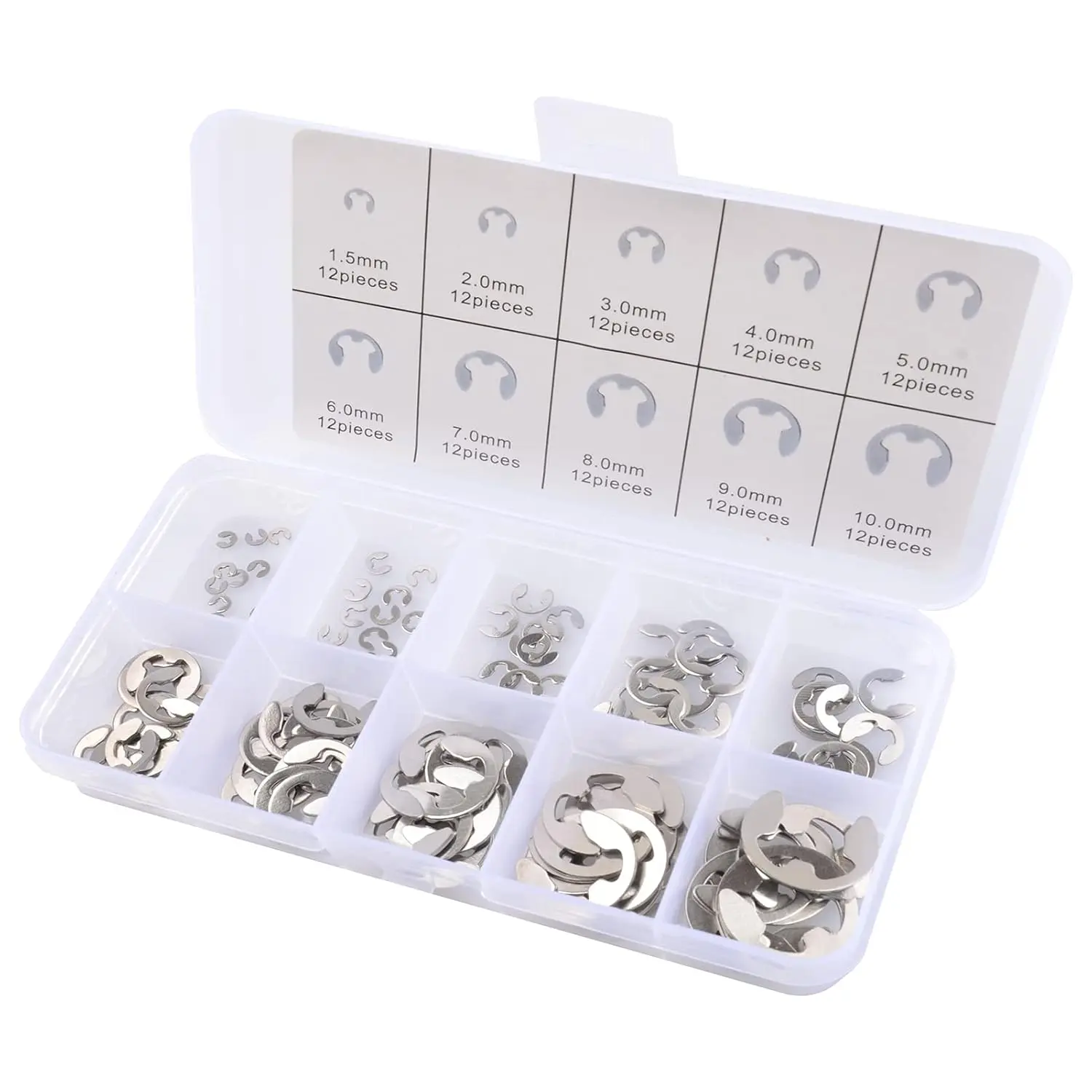E Clips  Kit 120 count External Retaining Rings Set (M1.5-M10), 10 Sizes Snap Rings  Kit, 304 Stainless Steel Retaining Rings Collection for Shaft Maintenance