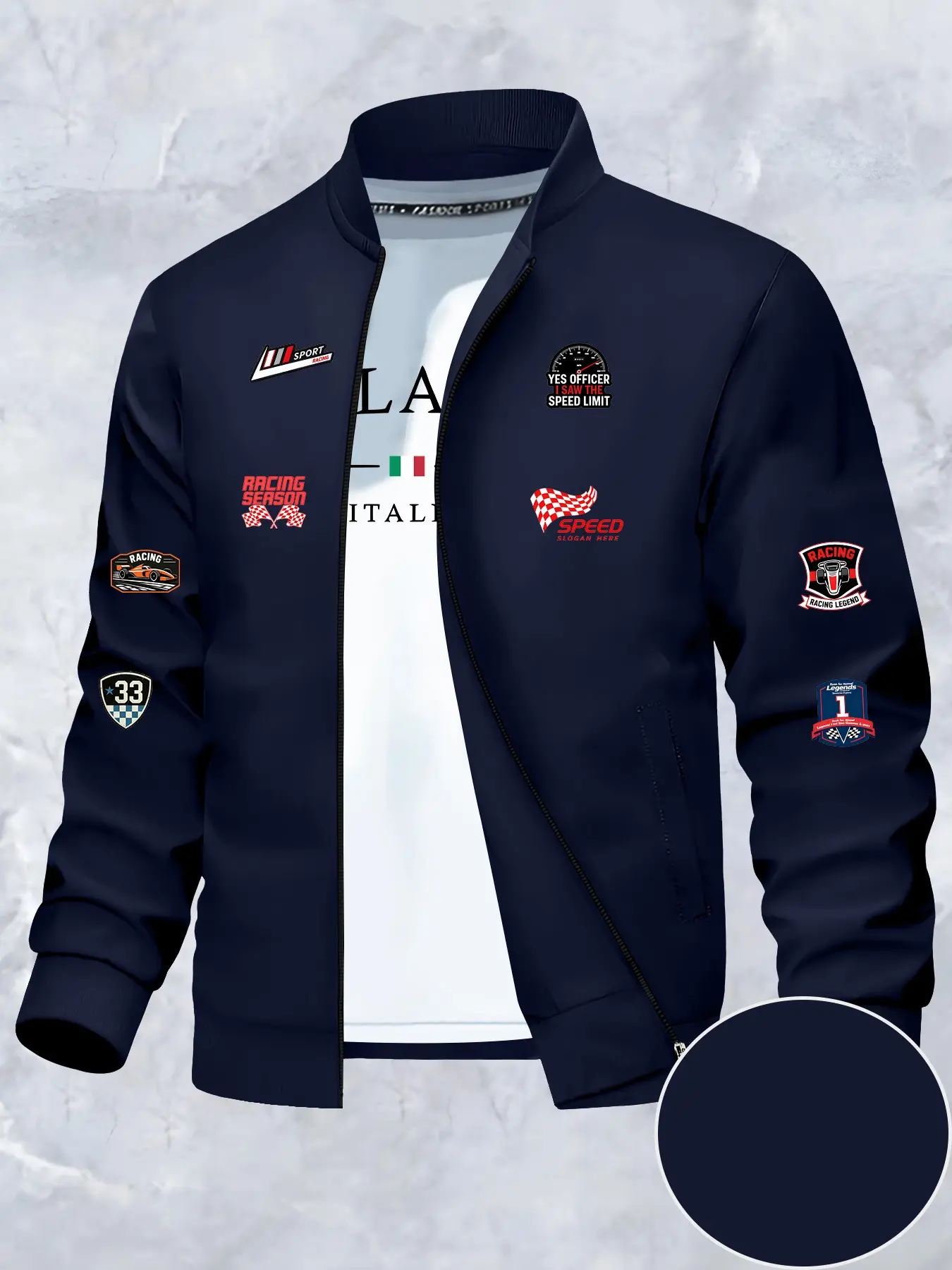 Racing Theme Zipper Jacket, Baseball Neck Design, Multiple Badge Patterns, Track Flags, Racing Cars, Gauges, All-Season Outerwear