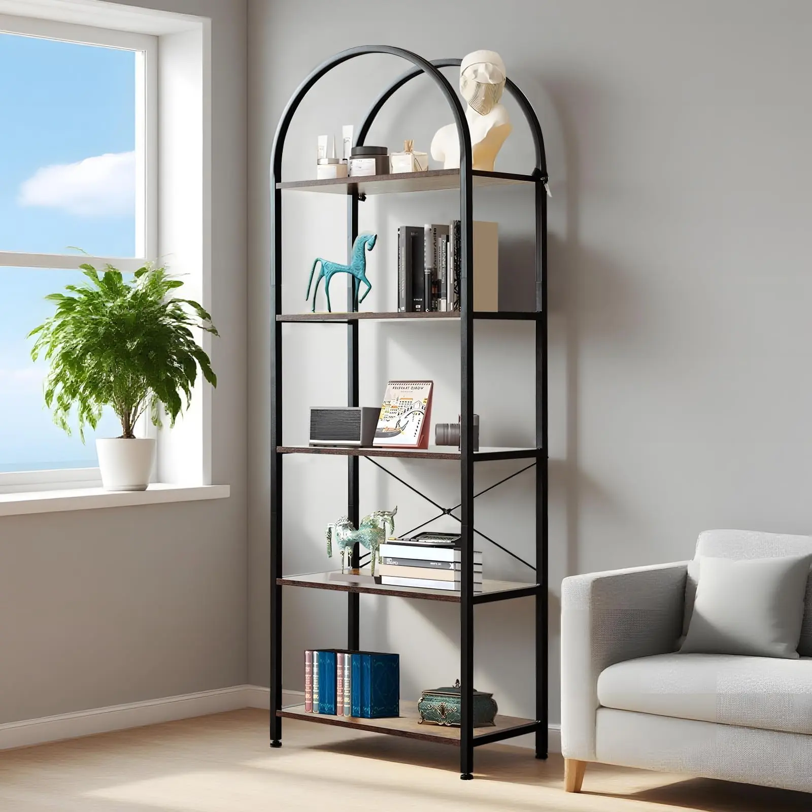 Contemporary Farmhouse Arched Bookshelf - 5/4-Tier Tall Stable Freestanding Particle Board Bookcase with Adjustable Ft, Open Storage Display Shelf Living Room Furniture - Space-Saving Organizer for Bedroom, Home Office