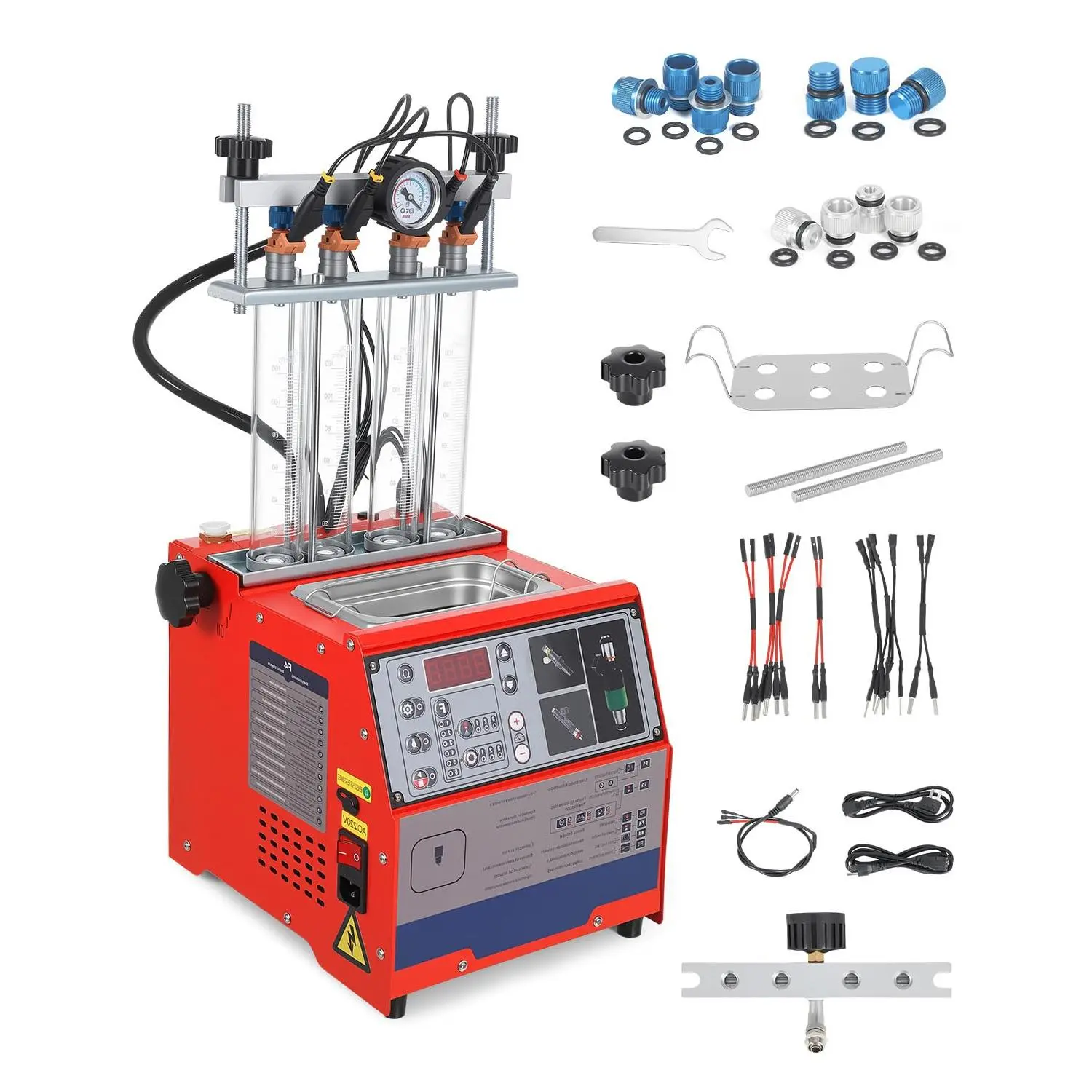 Garvee Fuel Injector Cleaner Tester 4-Cylinder 11 Test Modes 12V, Ultrasonic Injection Cleaning Machine with Adjustable Pressure (0-10 bar) & Pulse Width (0.1-25ms), Resistance Test, Digital Display