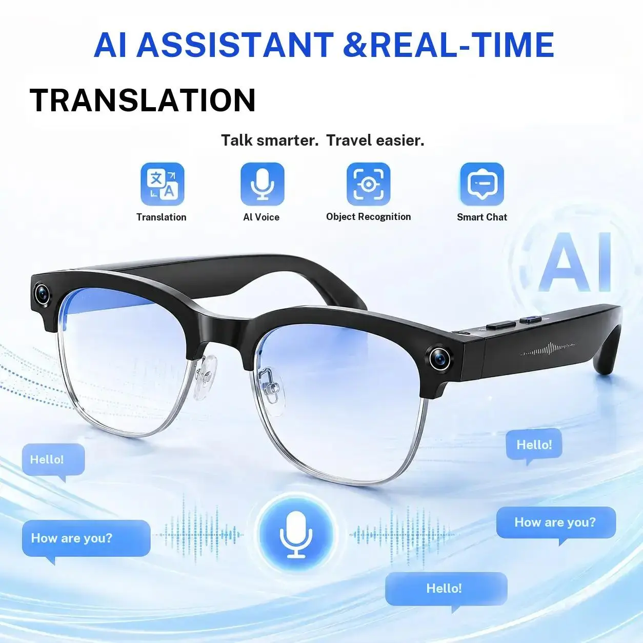 Ai Translation Eyewear Multifunctional Smart Glasses, HD Camera, Long Battery Life, Ai Voice Control, Object Recognition, Real-Time Translation