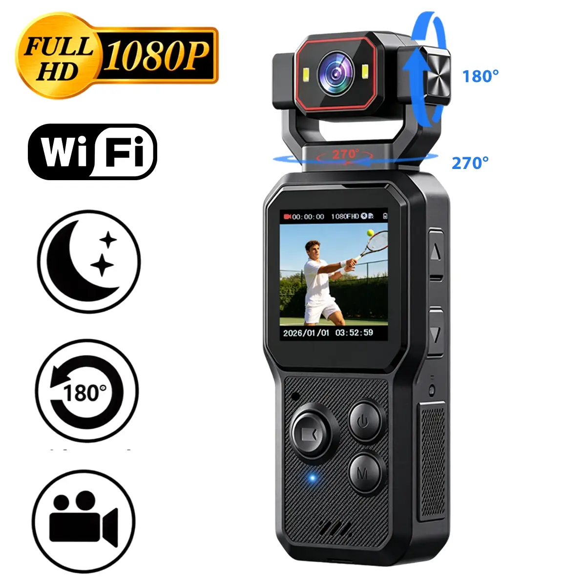 Action Camera, Mini Vlogging Camera with 1080P HD Video Recording, 6X Digital Zoom, WiFi Connection, Pocket Camera with Wide Angle Lens, Motion Detection and Clip Design for Travel, Outdoor Adventure and Daily Recording