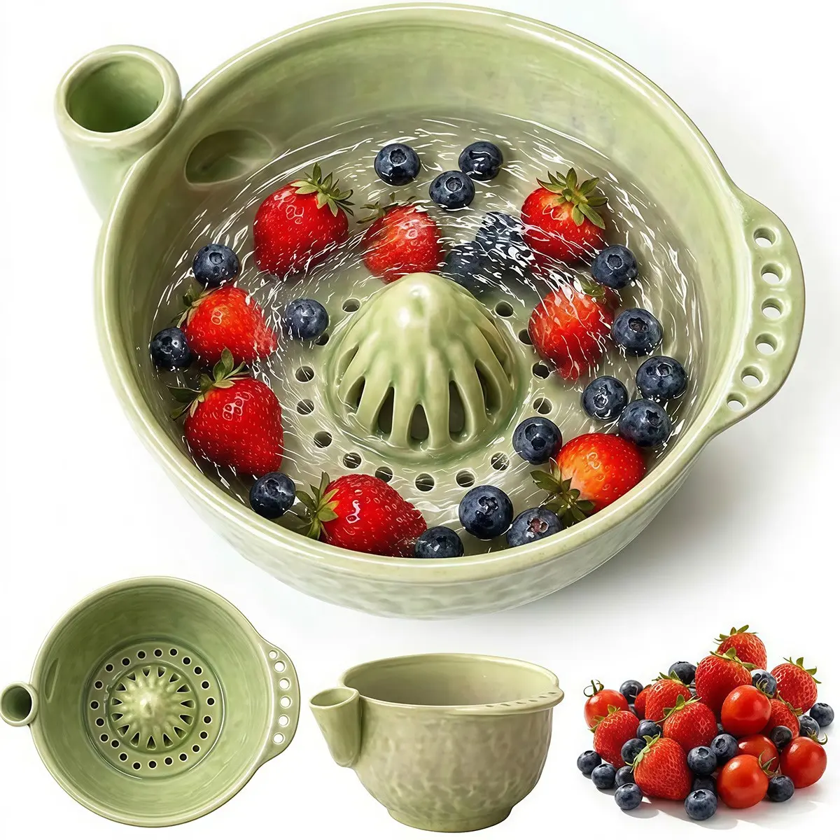 Handmade Ceramic Self-Spinning Berry & Vegetable Washing Bowl, Spinning Base, Strainer & Colander, Kitchen Fruit Rinse Dish, Efficient Rinsing System