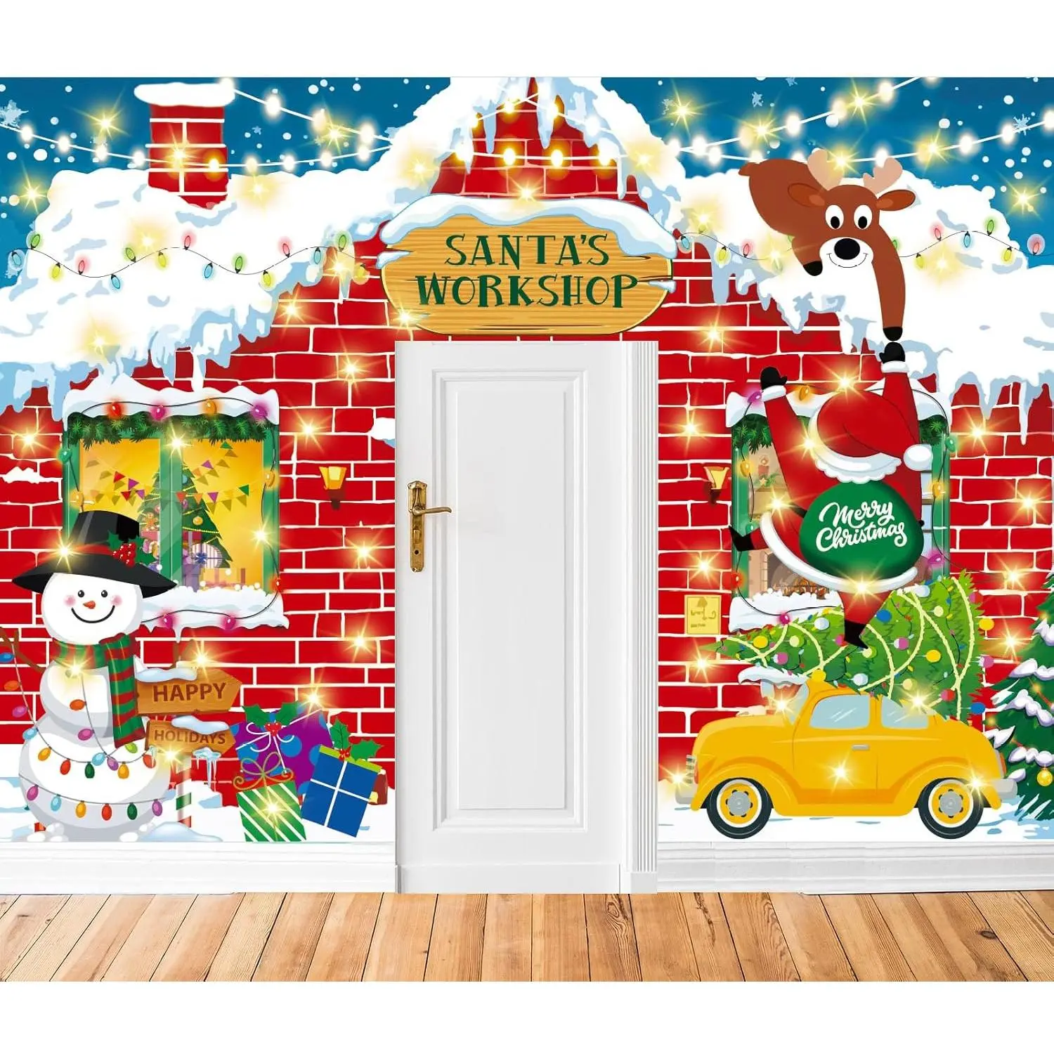 3 count Life Size Christmas Door Cover Banner with LED Light Red Brick Santa's Workshop Decorations Large Classroom Door Decorations Xmas Party Porch Banner for Holiday House Front Background