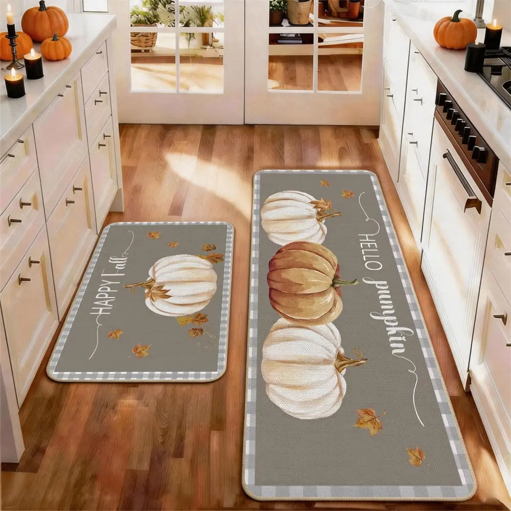 2pcs Thanksgiving Fall Kitchen Mat Gug Set with Pumpkin Maple leaves Pattern, Non-Slip Soft Low Profile,Floor Mat Set Farmhouse Kitchen Rug Dining Room Flooring Laundry Room Decor Carpet Mat, Decorative Rug Mat, Kitchen Area Rug
