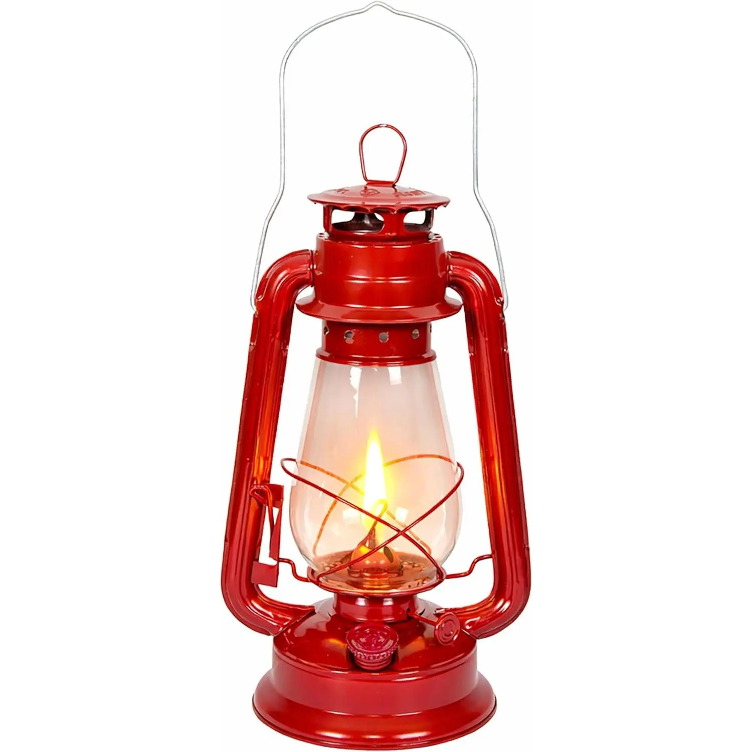 Classic Red Metal Kerosene Hurricane Lantern with Glass Globe & Adjustable Wick – Portable Emergency Lighting, Decorative Indoor/Outdoor Camping Lantern