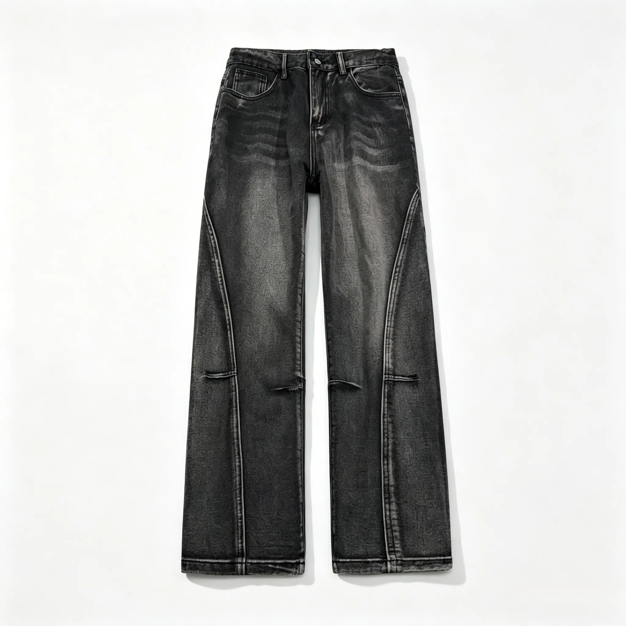Menswear Light Blue Denim Bell Bottoms - Streetwear Casual Washed Jeans with Diagonal Panels, Visible Stitching, Loose Drape, Floor-Length, American Retro Gradient Split Micro-Flare, Beige Option LK26623