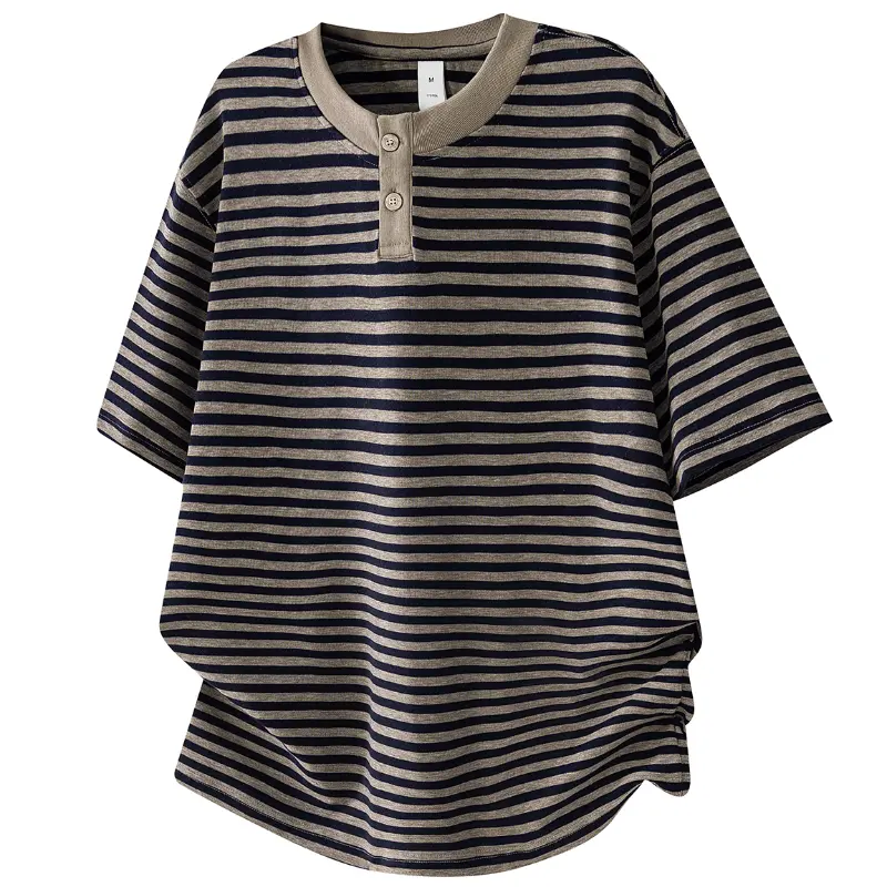 Lightweight Breathable Retro Stripe Henley Short Sleeve Tops Simple Two Button Placket Daily Basic Garments Suitable For City Outdoor Casual Office All Day Attire Matching