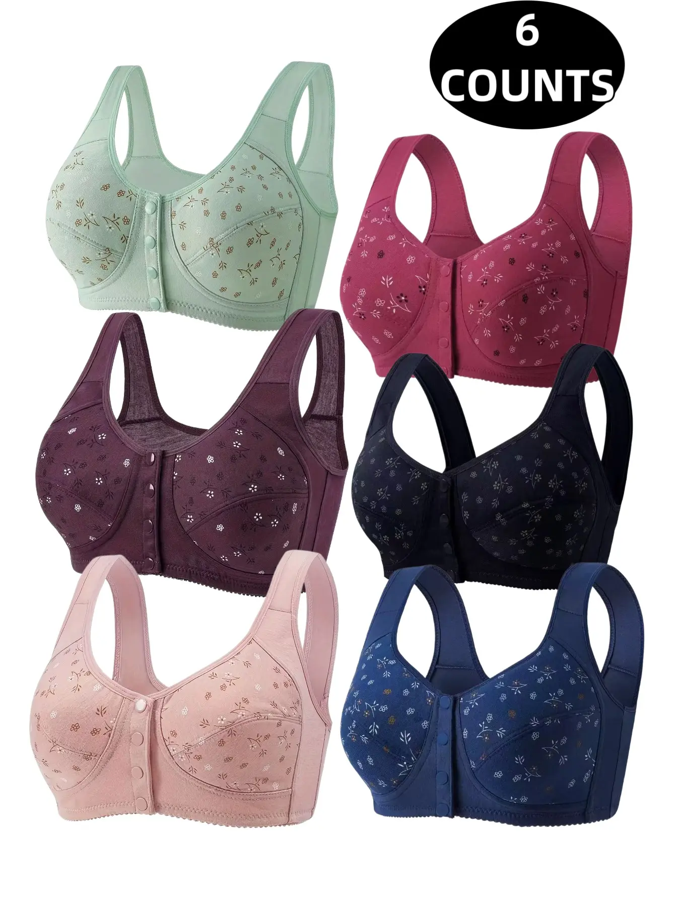 6-Pack Wireless Bras for Women, Front Buckle Push-Up Elegant Design, Seamless Comfort Fit, Daily Wear Underwire-Free Full Coverage Bra, Breathable Soft Fabric, Everyday